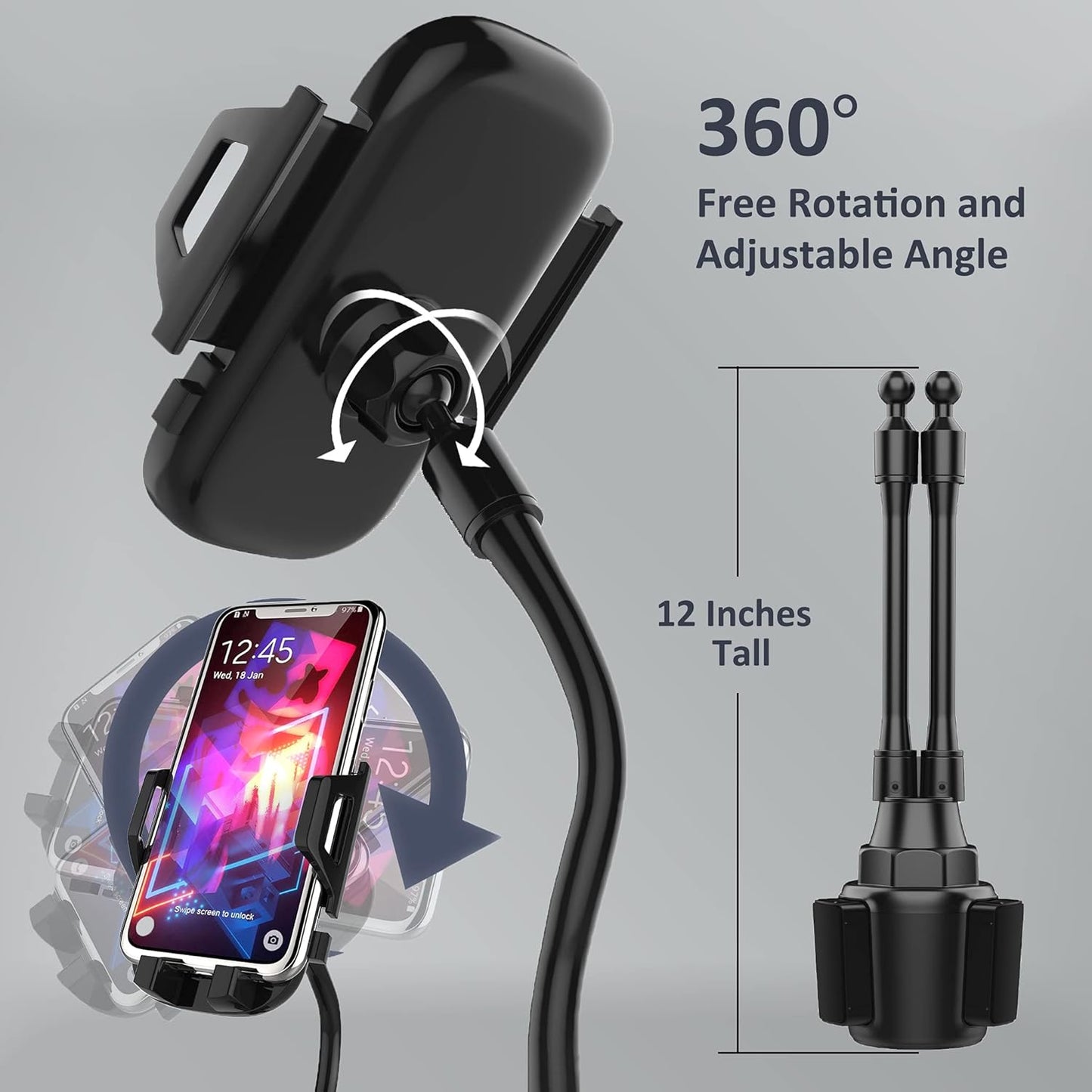 CAVIANA 360 2 Dual Phone Holder for Car Cup Holder Long Flexible Neck, Rotatable Car Phone Mount - Adjustable Cell Cup