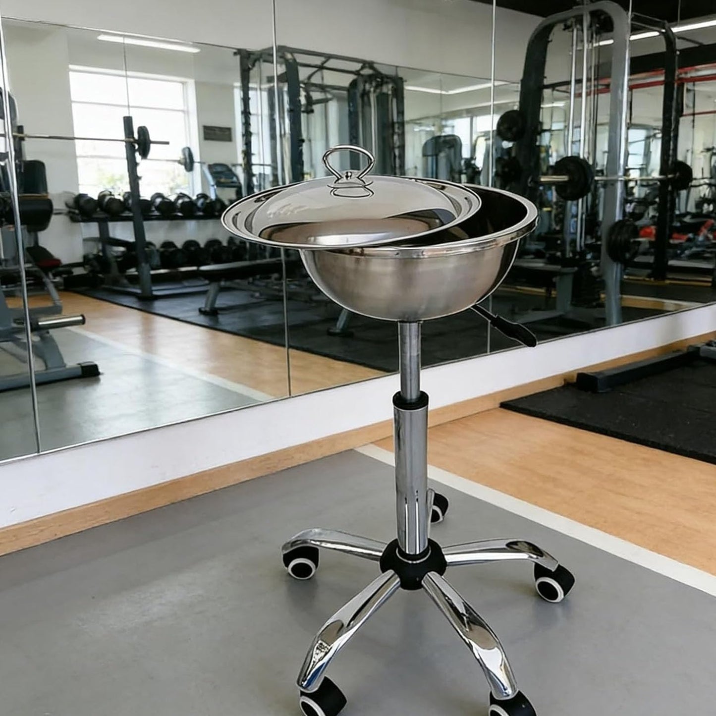 IMOYBBR Gym Chalk Stand Bowl, Adjustable Height Stainless Steel Holder with Lid and Rolling Wheels for Weightlifting Gymnastics Rock Climbing and Training Sessions Use
