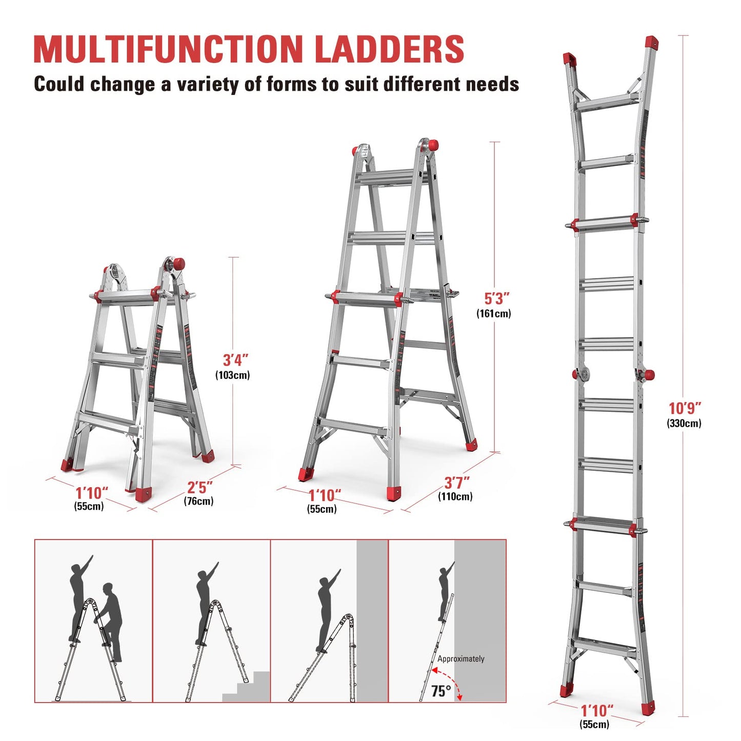 ECOMAX Folding Ladder, 13 ft Aluminum Extension Ladder, 300 lbs Load Capacity, Portable Telescoping Ladder with Non-Slip Rubber, Multi-Position Step Ladders, for Working Indoor/Outdoor EM4X3L2
