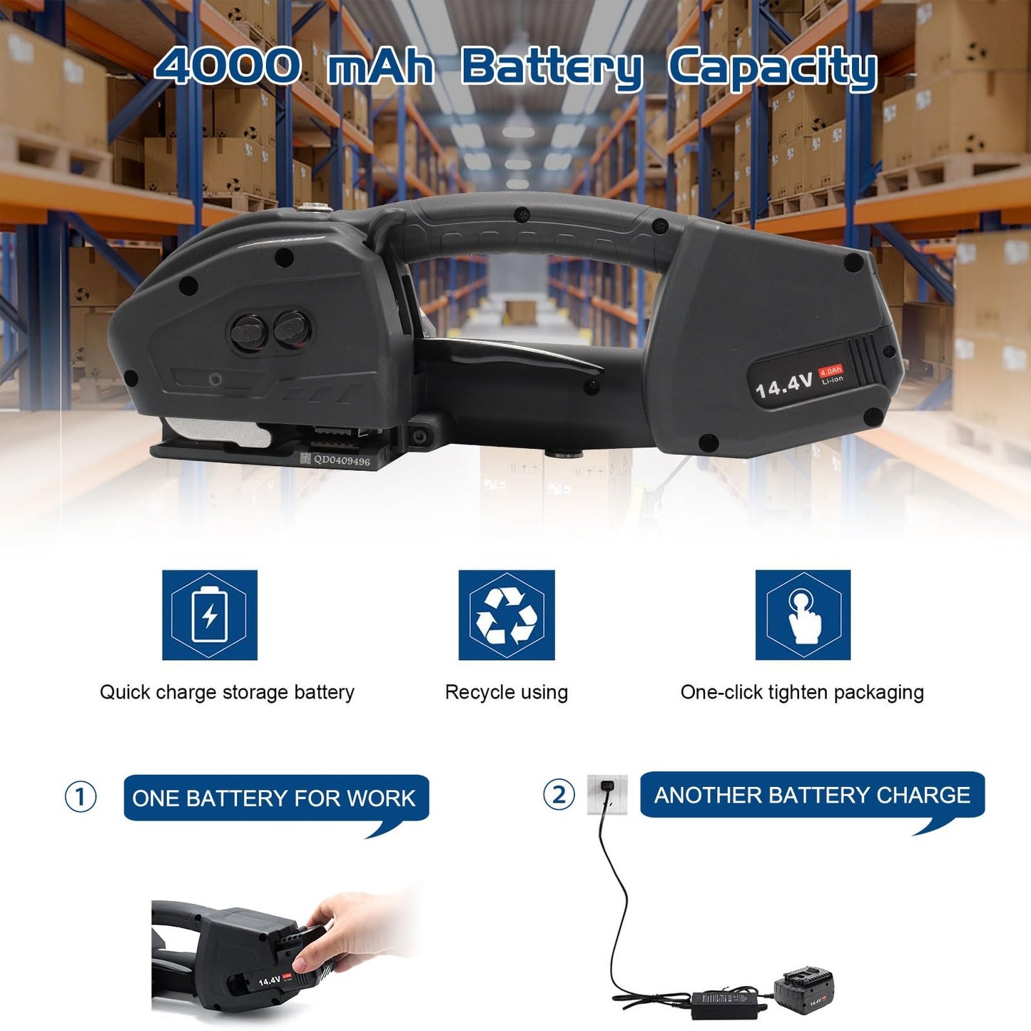 HTAXSCC Electric Strapping Machine 2 x 4000mAh Battery Automatic Strapping Tool for 1/2-5/8in PP PET Straps Portable Handheld Banding Machine for Warehouse Box Pallet Packaging