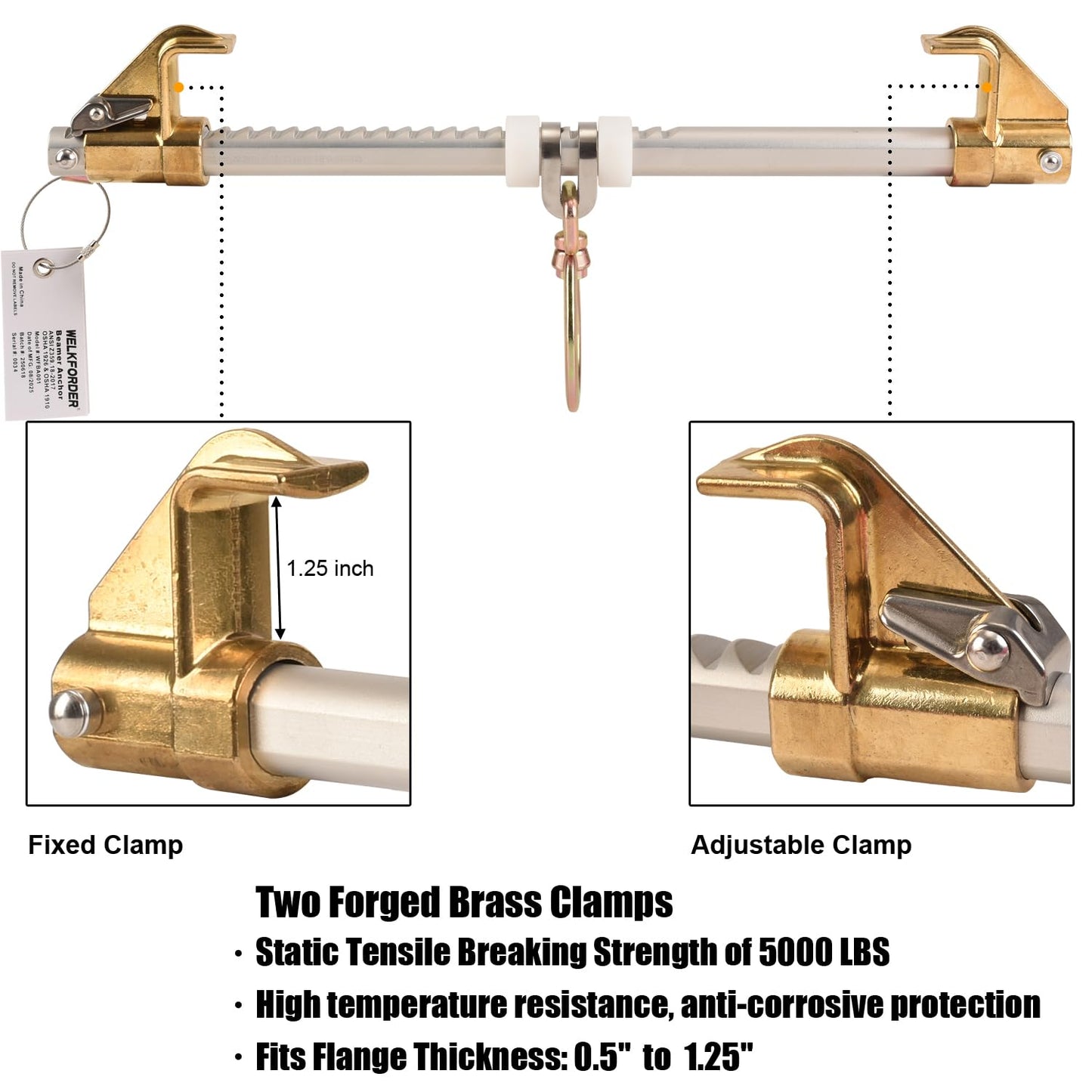 WELKFORDER Horizontal Sliding Beam Anchor Fits 3.5" to 14" Beams [Rugged & Reusable Aluminum] ANSI & OSHA Compliant Fall Protection Positioning Equipment