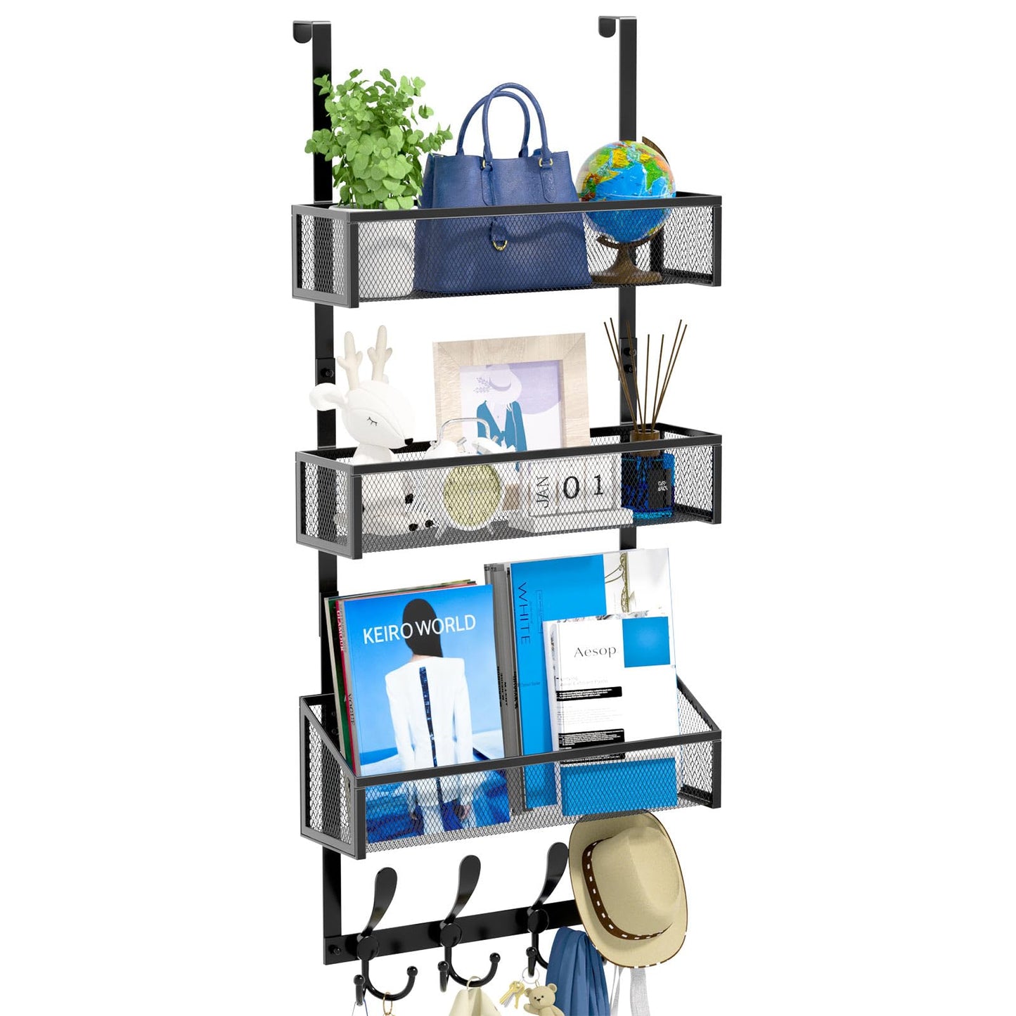 Kaiferty Over The Door Hooks Organizer, Coat Rack Over The Door Storage Hanger Towel Rack, Back of Door Storage Organizer for Bathroom,Bedroom,Kitchen,Office (Black, 4-Tier)
