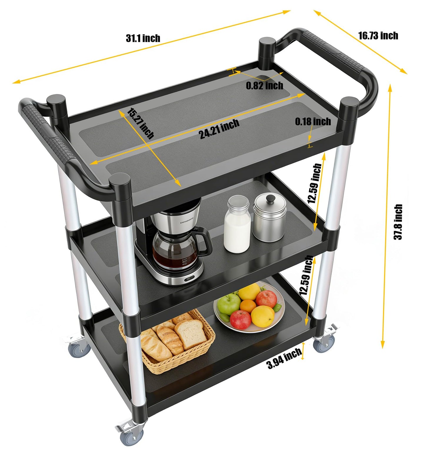 17Tek 3-Tier Rolling Utility Cart with Wheels,4 Lockable Casters, Plastic Service Cart with 510lbs Capacity, Commercial Service Cart on Wheels for Restaurant/Office/Warehouse/Kitchen/School, Black