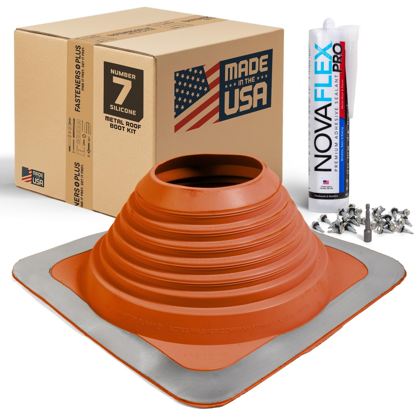 Fasteners Plus #7 Square Silicone Metal Roof Pipe Flashing Boot with Complete Install Kit (Made in USA), Fits 5-1/2” - 11-1/2” Pipe OD, Red