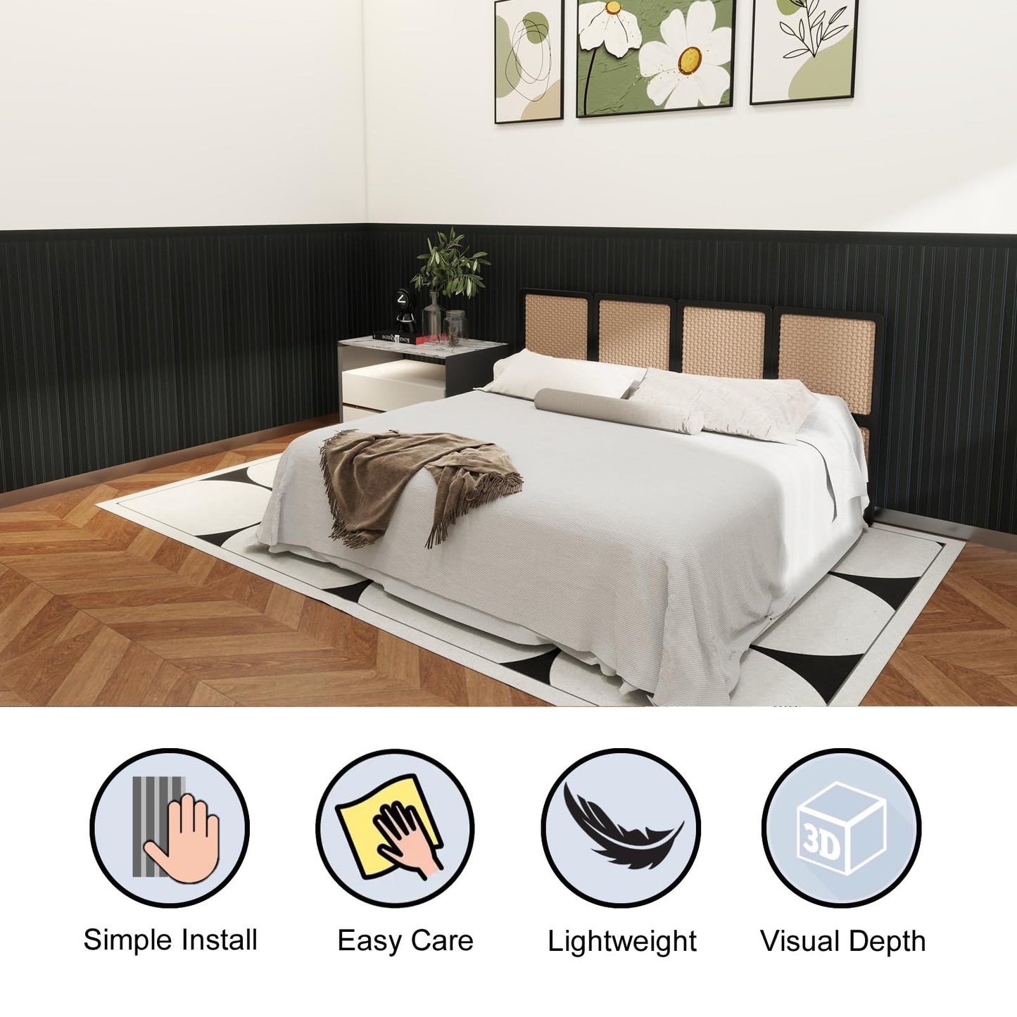 RODENET Wall Wainscoting Panel Kit,8-Pack 38.6"x9.8"(98x25cm) Slat Panels with 2-Pack Molding Trims,Beadboard Board and Batten Panels,DIY Wall Panel Kit - Cover 21.6 Sq.Ft (Black)
