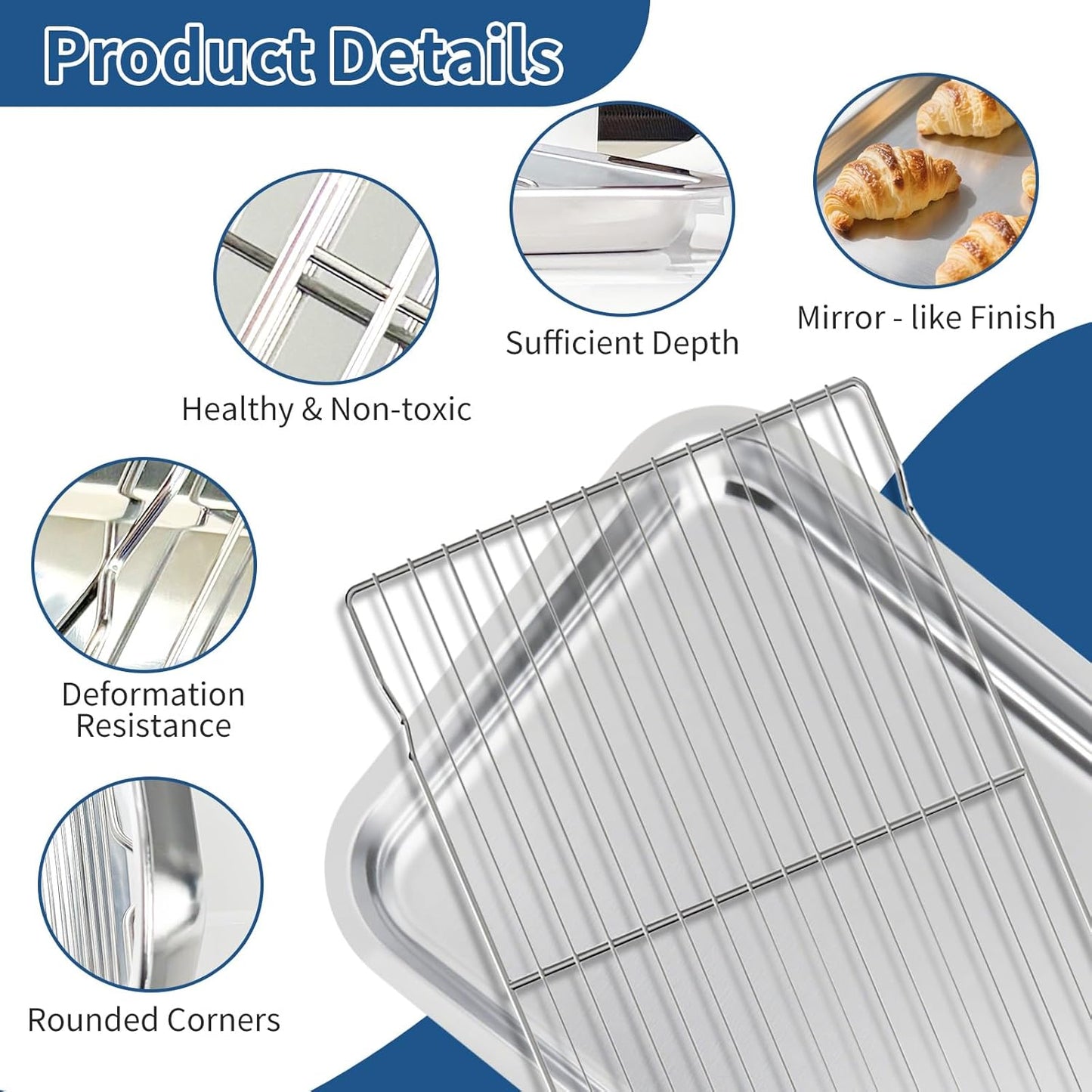 Skiennix Baking Sheet Set - 4-Piece Stainless Steel Cookie Pans with Cooling Racks | Non-Toxic, Dishwasher Safe, 16 x 12 x 1 Inch