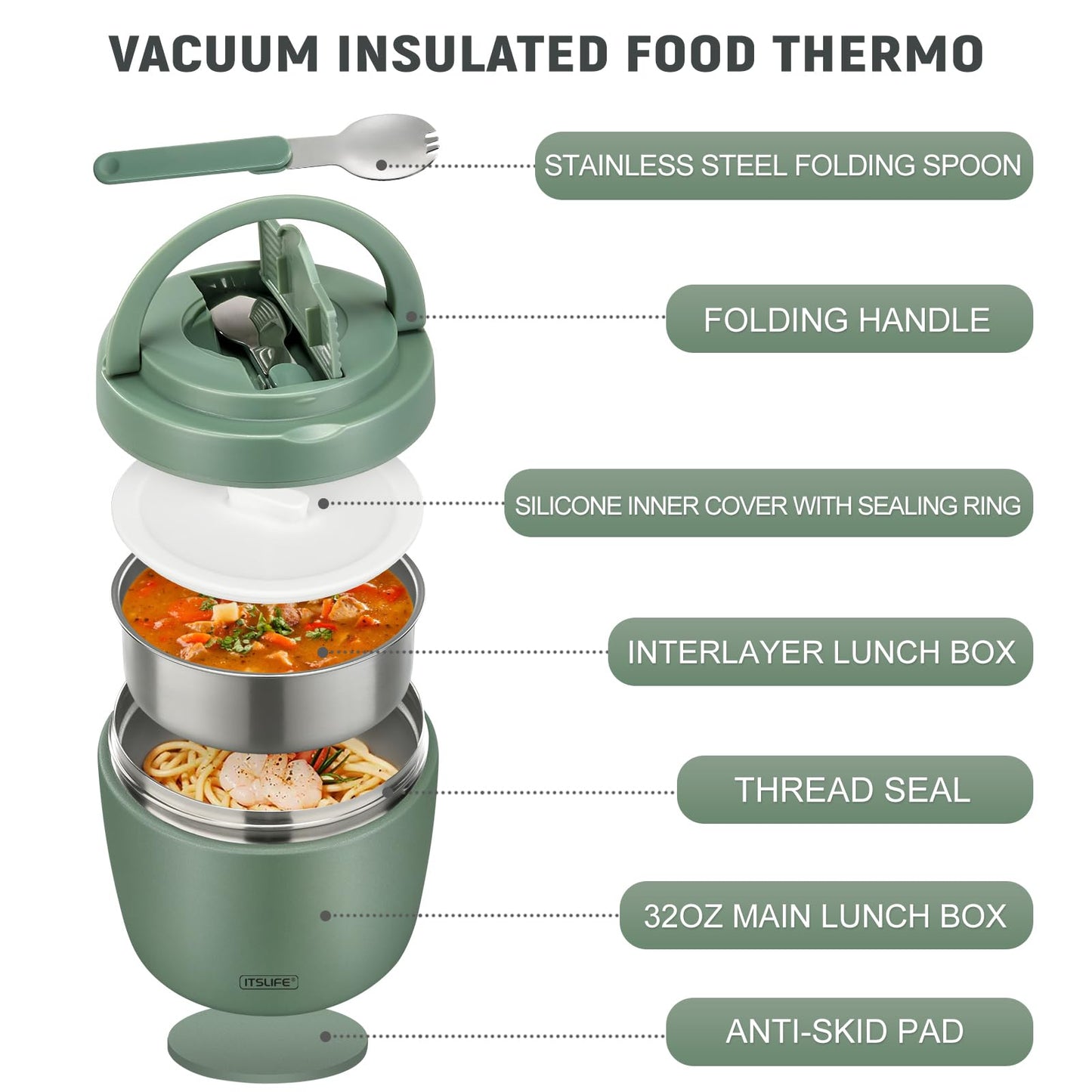 Itslife 32oz Insulated Soup Thermo, Vacuum Stainless Steel Food Jar for Hot & Cold Food, Leakproof Wide Mouth Lunch Container with Spoon, Green