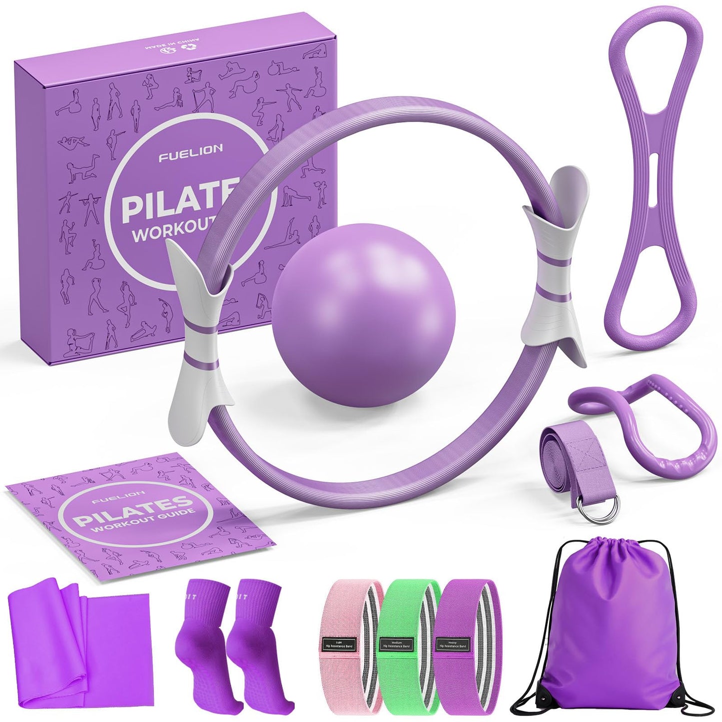 Fuelion Pilates Ring Set for Women, Home Workout Pilates Equipment with Resistance Bands, 14'' Magic Circle, Mini Ball, Pilates Starter Kit for Strength, Toning and Flexibility (Purple, Medium-Level2)