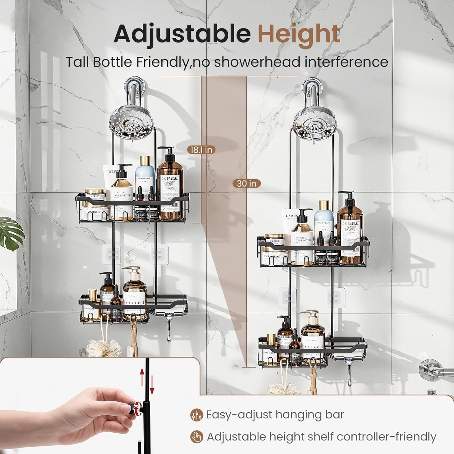 Skyapex Hanging Shower Caddy - Adjustable Height Shower Organizer | Rustproof Shelf Rack for Large Shampoo Bottles
