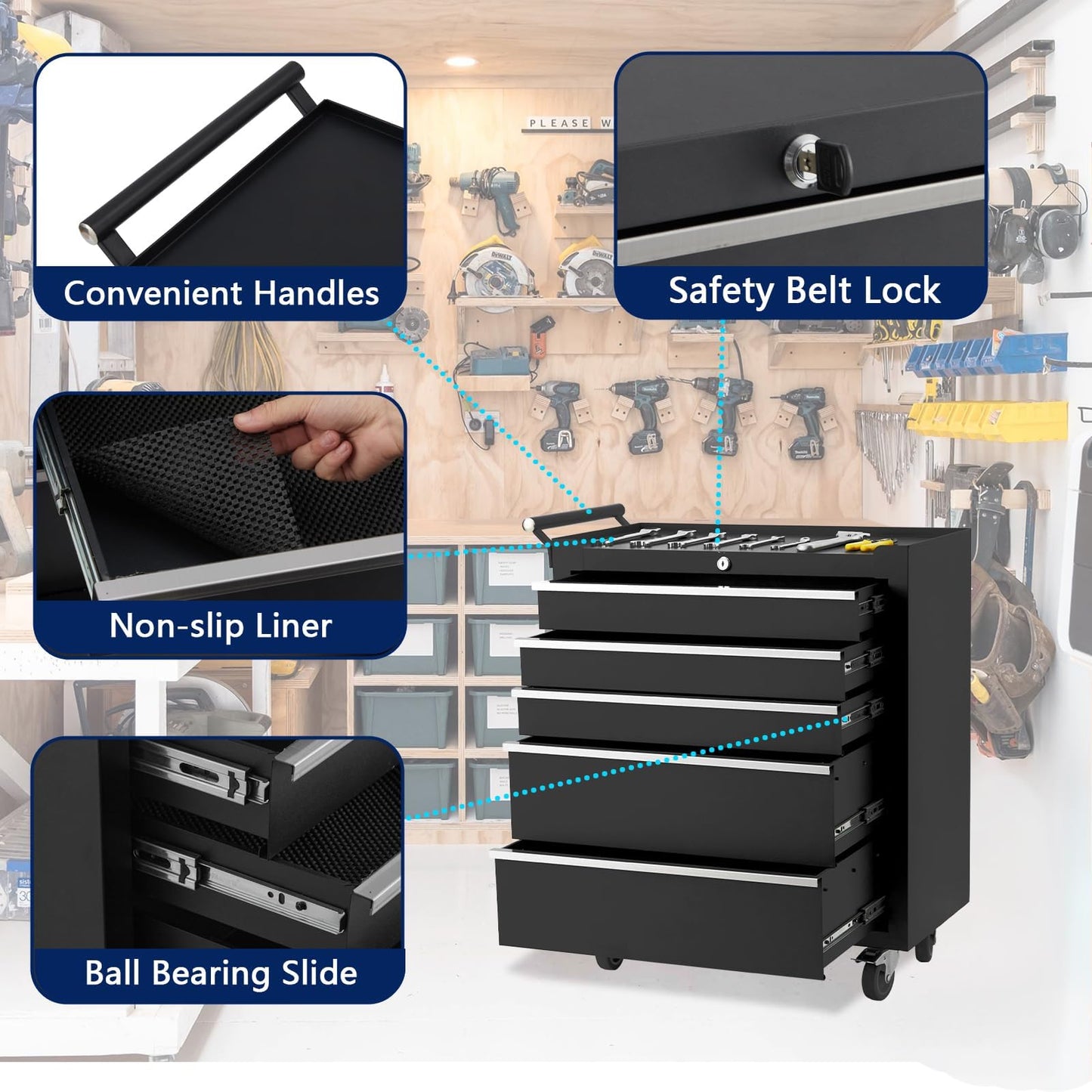 SierraSquad Rolling Tool Chest with Wheels, 5-Drawer Tool Storage Cabinet, Portable Tool Box Organizer with Locking System & Drawer Liners, Tool Cart for Garage Workshop, Black