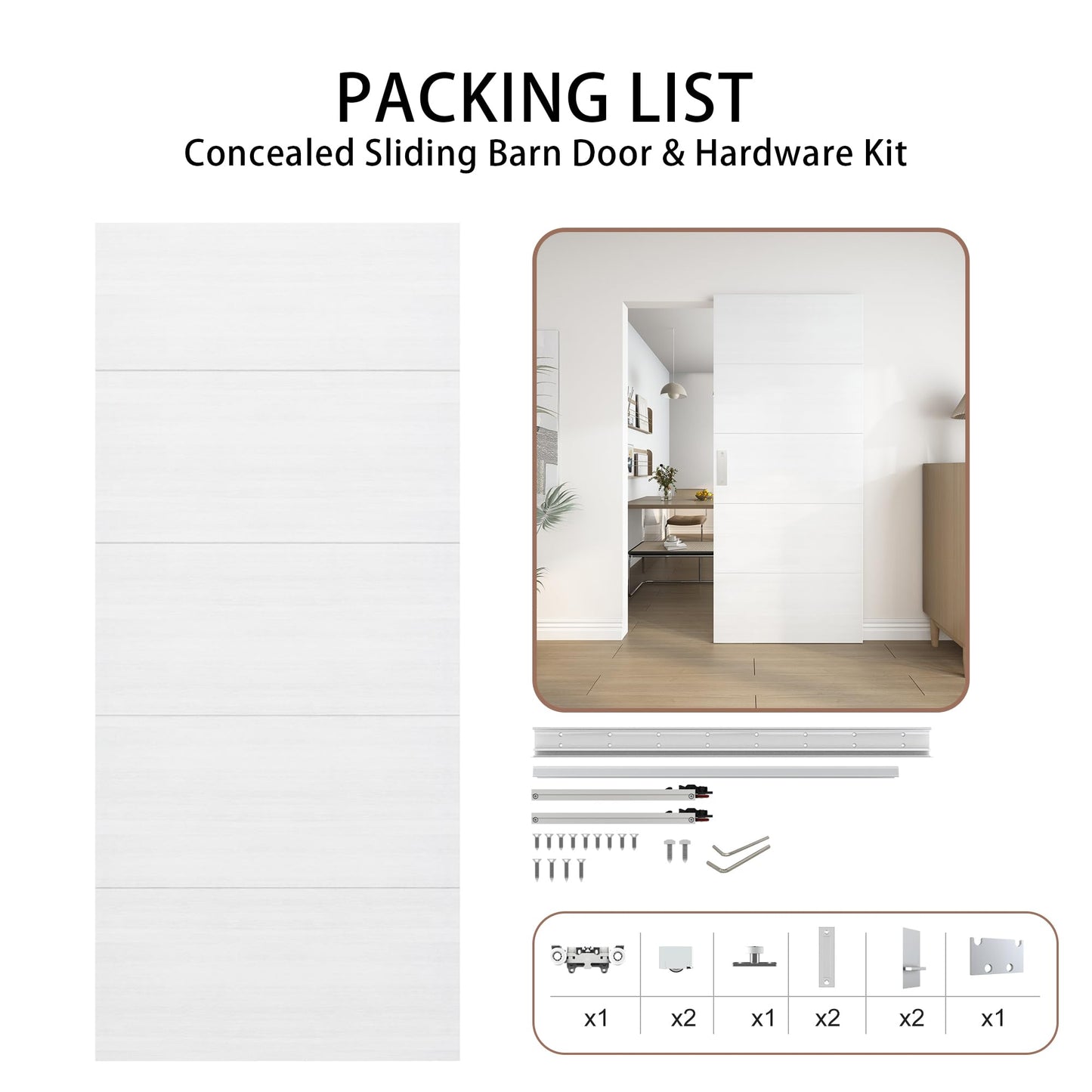 JUBEST 36"x84" Concealed Sliding Barn Door with Horizontal Groove and Soft Close Hardware Kit, White Flush Hidden Door for Opening 32"-34"x80", Waterproof and Smooth Sliding, for Interior Using