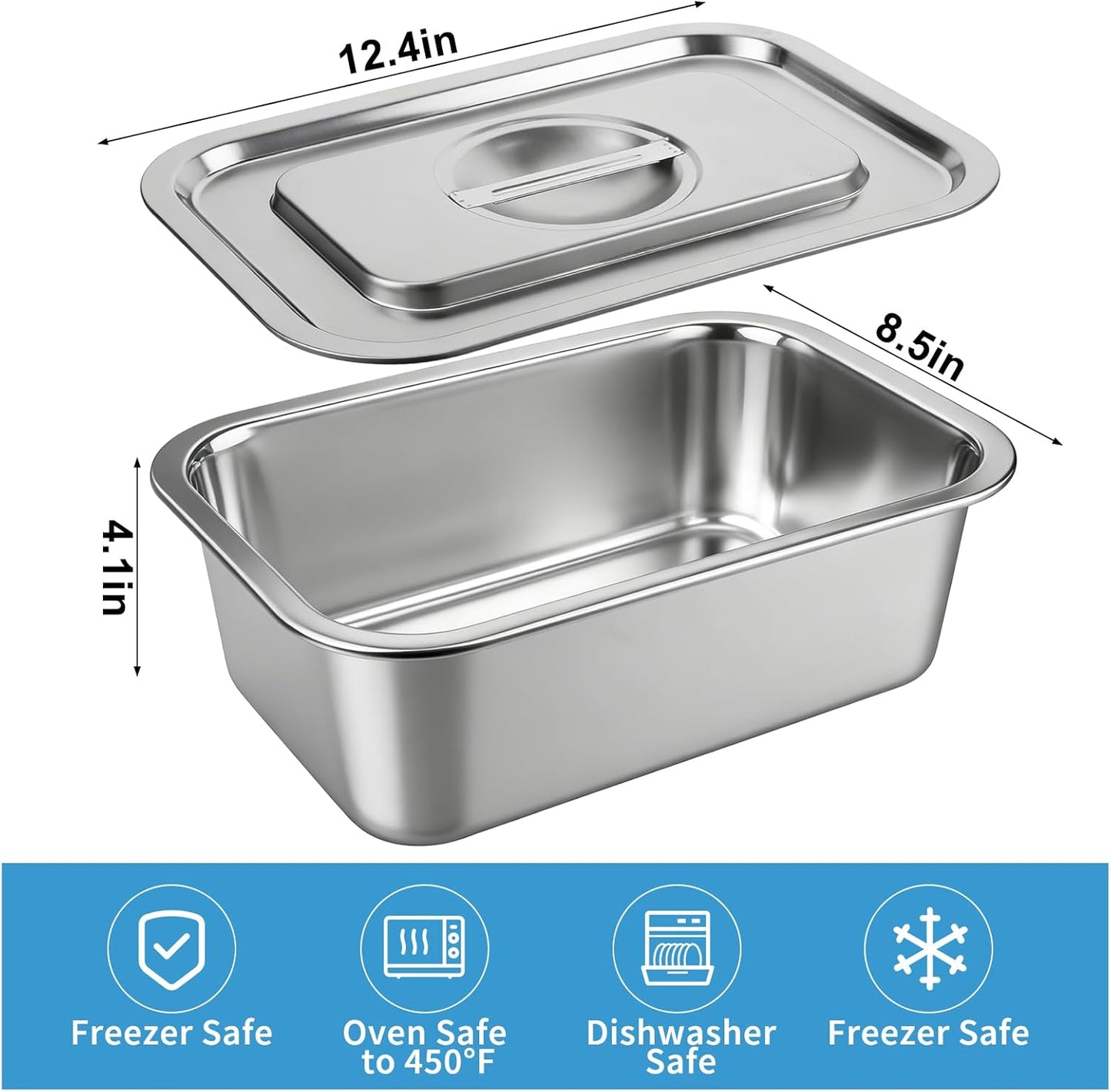 Skiennix 4-Inch Extra Deep Lasagna Baking Pan - 304 Stainless Steel with Lid | 8.5x12.4 Inch, Silver