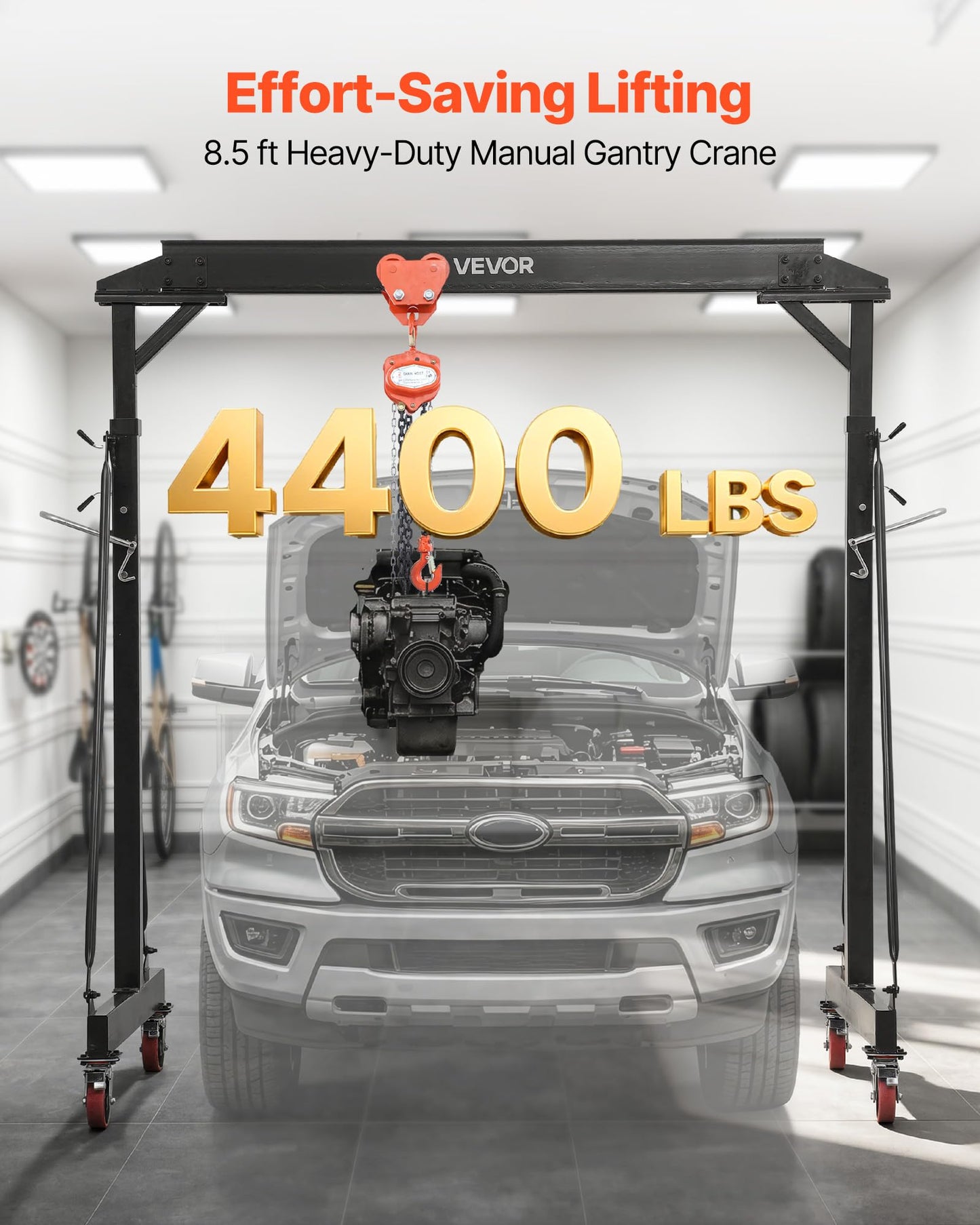 VEVOR Adjustable Gantry Crane, 4400 lbs Capacity, Portable Shop Lift Hoist with 99.6-146.9 in Height Adjustable, Manual Trolley, Hoist, Sling, Shackles, Hooks, for Garage Factory Warehouse Auto Repair