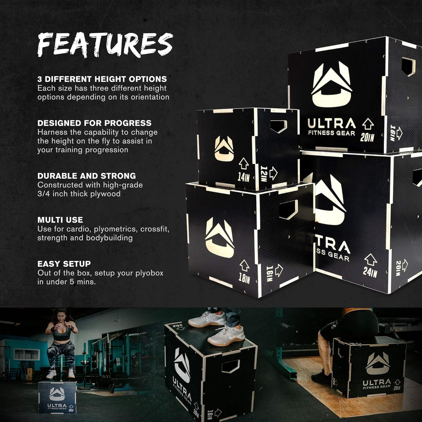 Ultra Fitness Gear Wooden Plyo Box, 31 Plyometric Jump Training Squat, Step Up, Jumps & More Workout Size S, M, L, XL, Home Gym Exercise Equipment (Black Anti-Slip, Large 24/20/16)