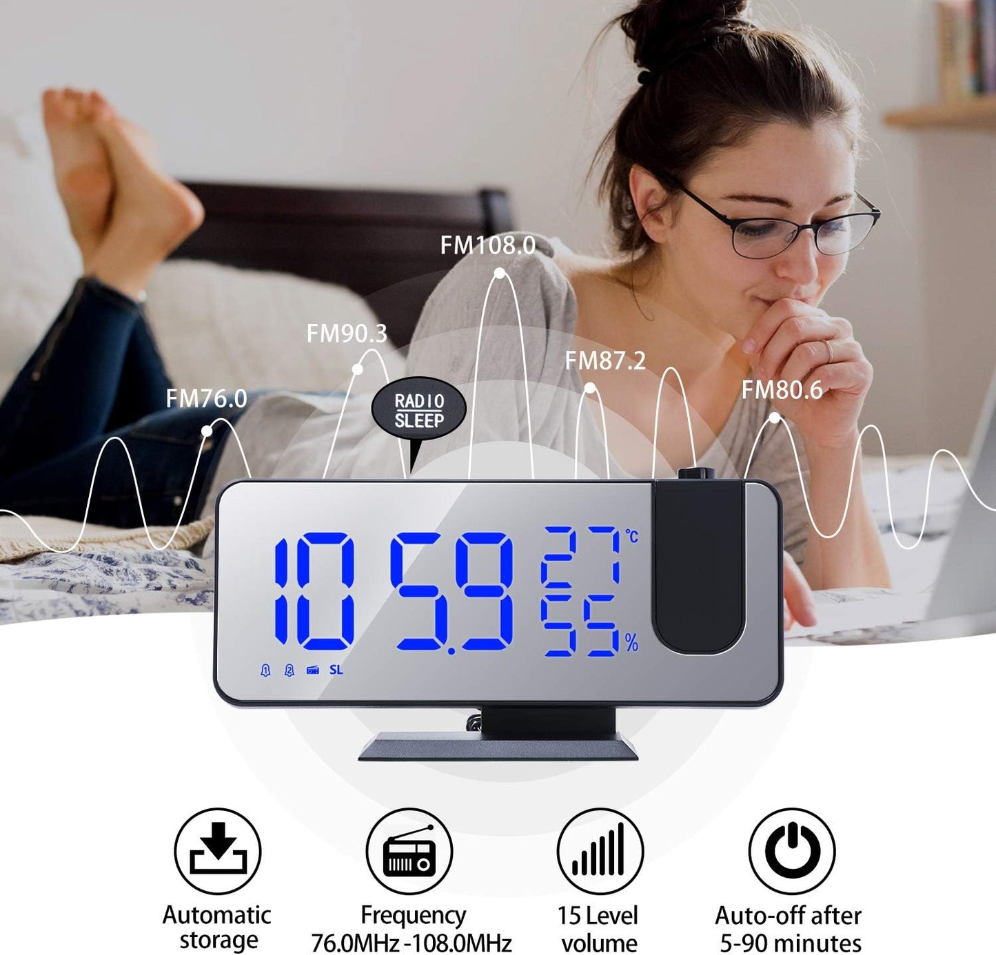4 Dimmer 180 2 7.4'' ThreeH Projection Alarm Clock Radio Digital Alarm Clock & Rotable & Sounds Large Mirror Display