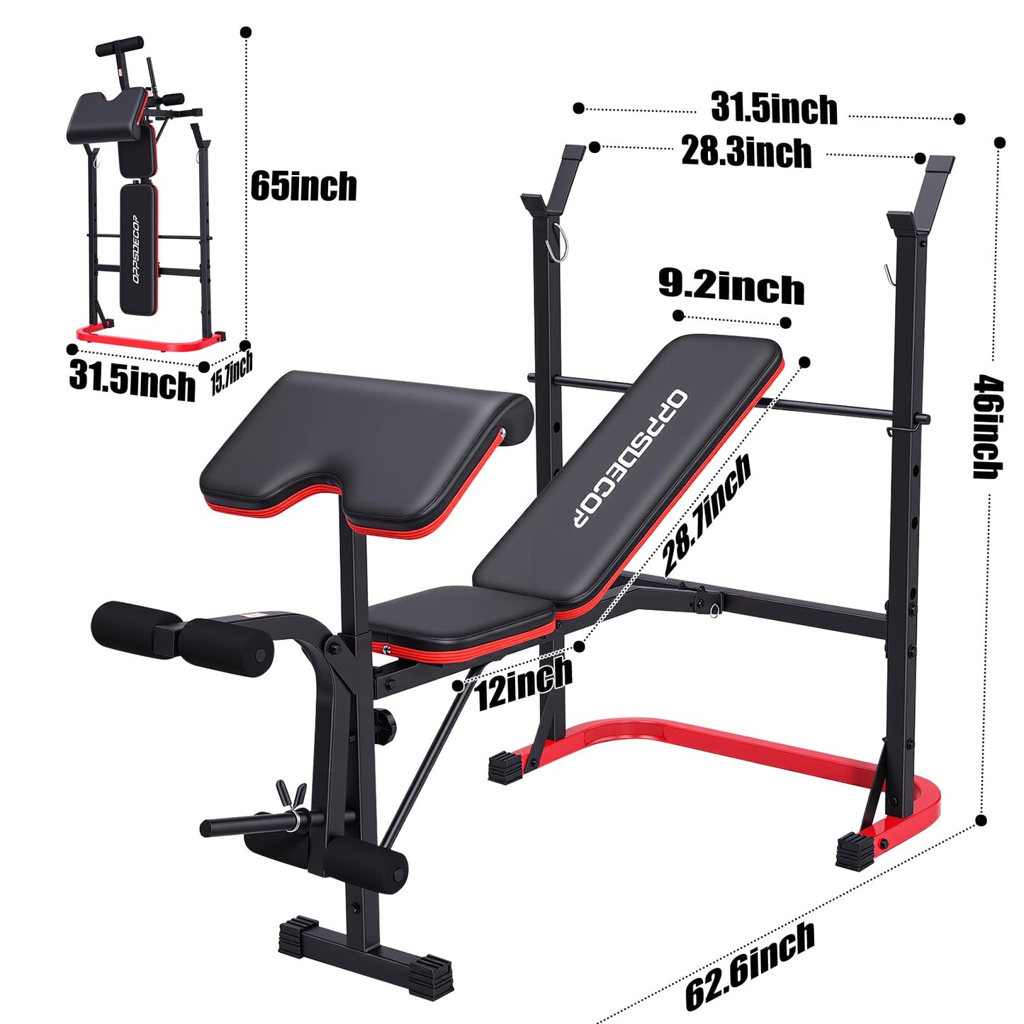 OPPSDECOR 661LBS Weight Bench Set, 8 in 1 Adjustable Bench Press with Squat Rack Leg Extension & Leg Curl Foldable Workout Bench with Safety Bar Catches Standard Weight Training Benches for Home Gym (Black)