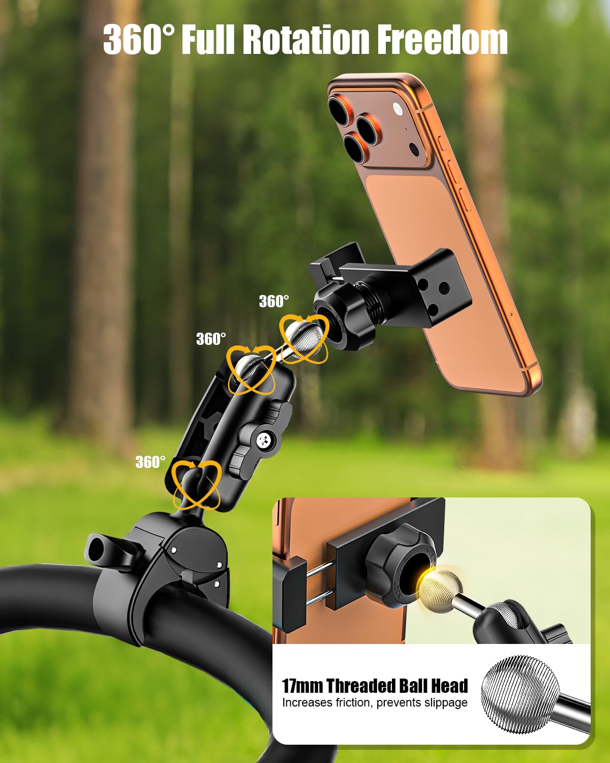 Charchendo [No-Shake] Golf Push Cart Phone Holder - Wide 0.7" Deep Clamp for Thick Case Smartphones - Mounts to 0.7"-1.78" Handlebars - Fits 4-7" Cell Phones for Clicgear, Sun Mountain, Caddytek