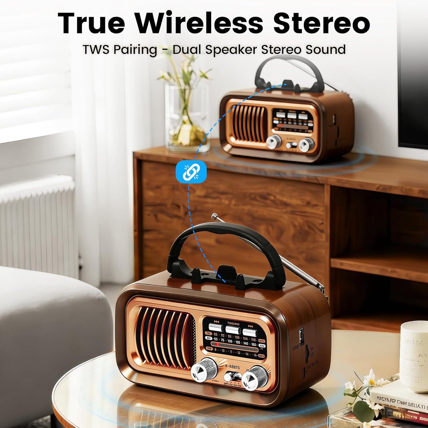 Bingxue MP3 Vintage Portable Radio with Bluetooth & TWS, AM/FM/SW Reception, Solar/D Battery/USB Charging, Player, TF