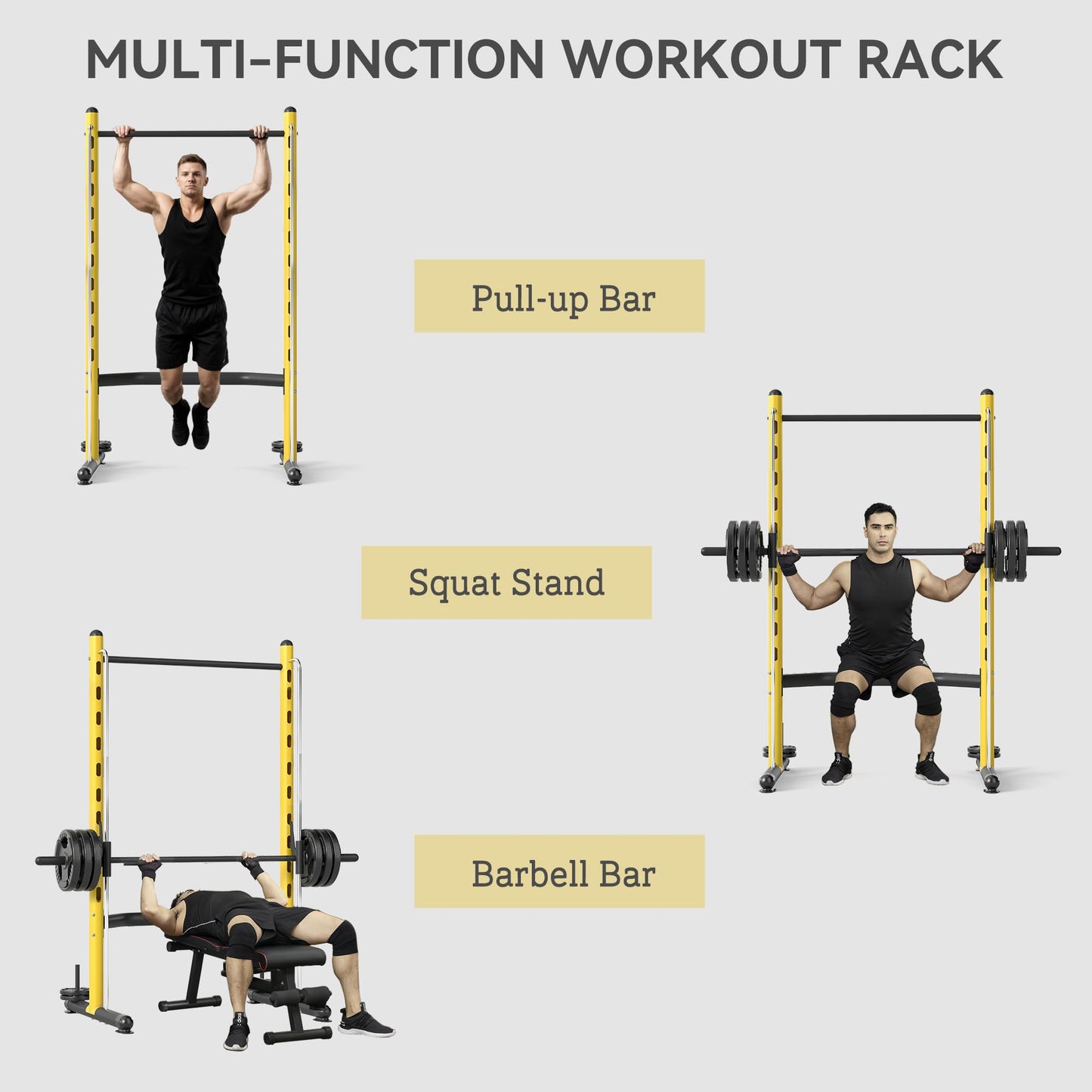 Soozier Squat Rack with Pull-Up Bar, Adjustable Power Rack with Barbell Bar, Multi-Functional Bench Press Rack for Home Gym Strength Training, Yellow