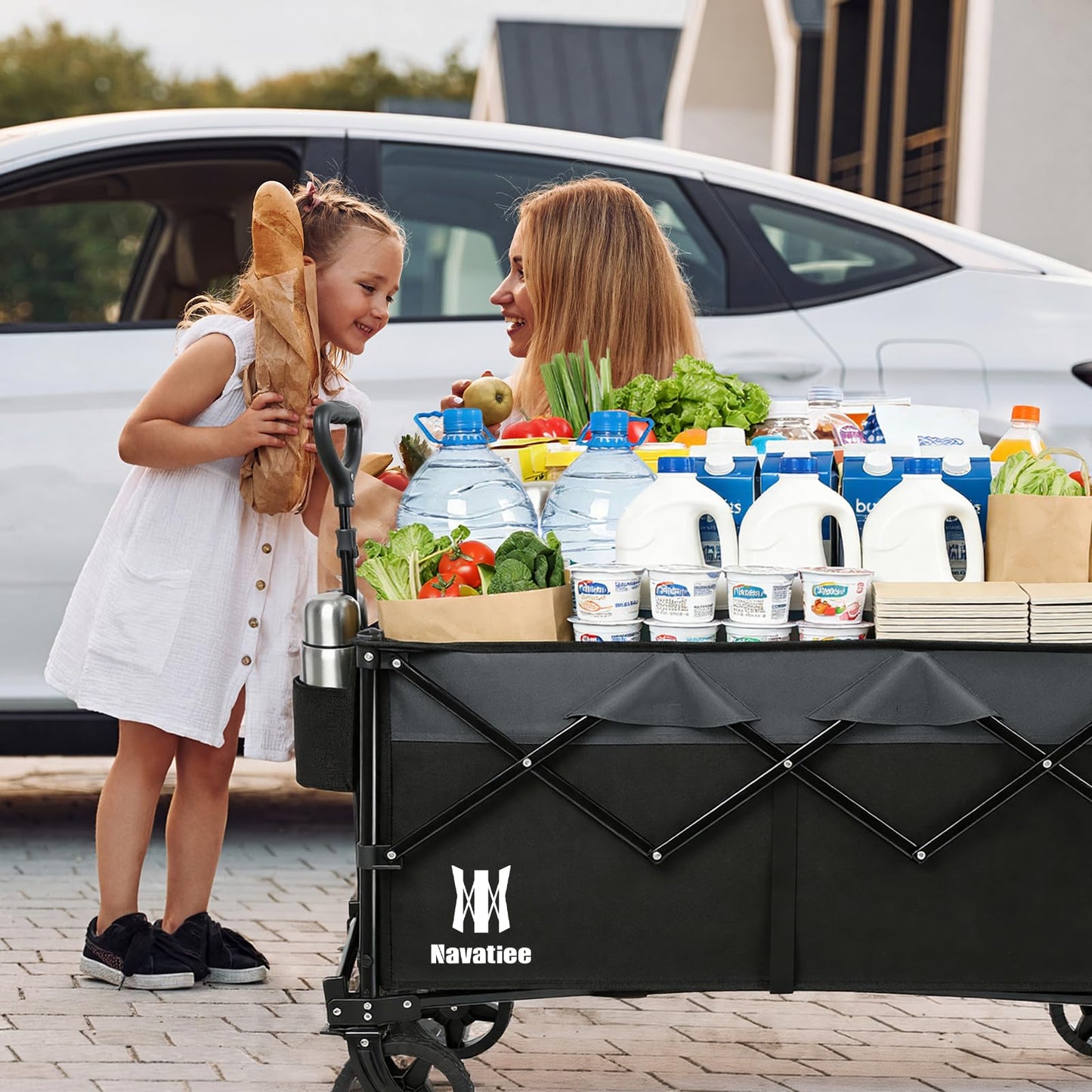 Navatiee 165L Collapsible Folding Wagon, Large Foldable Wagon with Silent All-Terrain Wheels, 330Lbs Heavy Duty Utility Grocery Cart for Camping Shopping Outdoor, Black