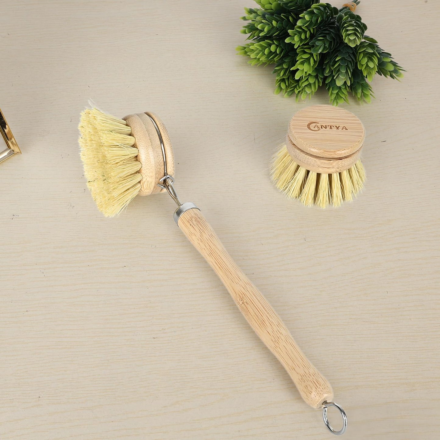 Bamboo Dish Brush with Handle - Soft Bristle, Non Toxic Vegetable Brush Scrubber for Food Compostable & Sustainable Kitchen Scrub Brush for Dishes, Pots and Pans