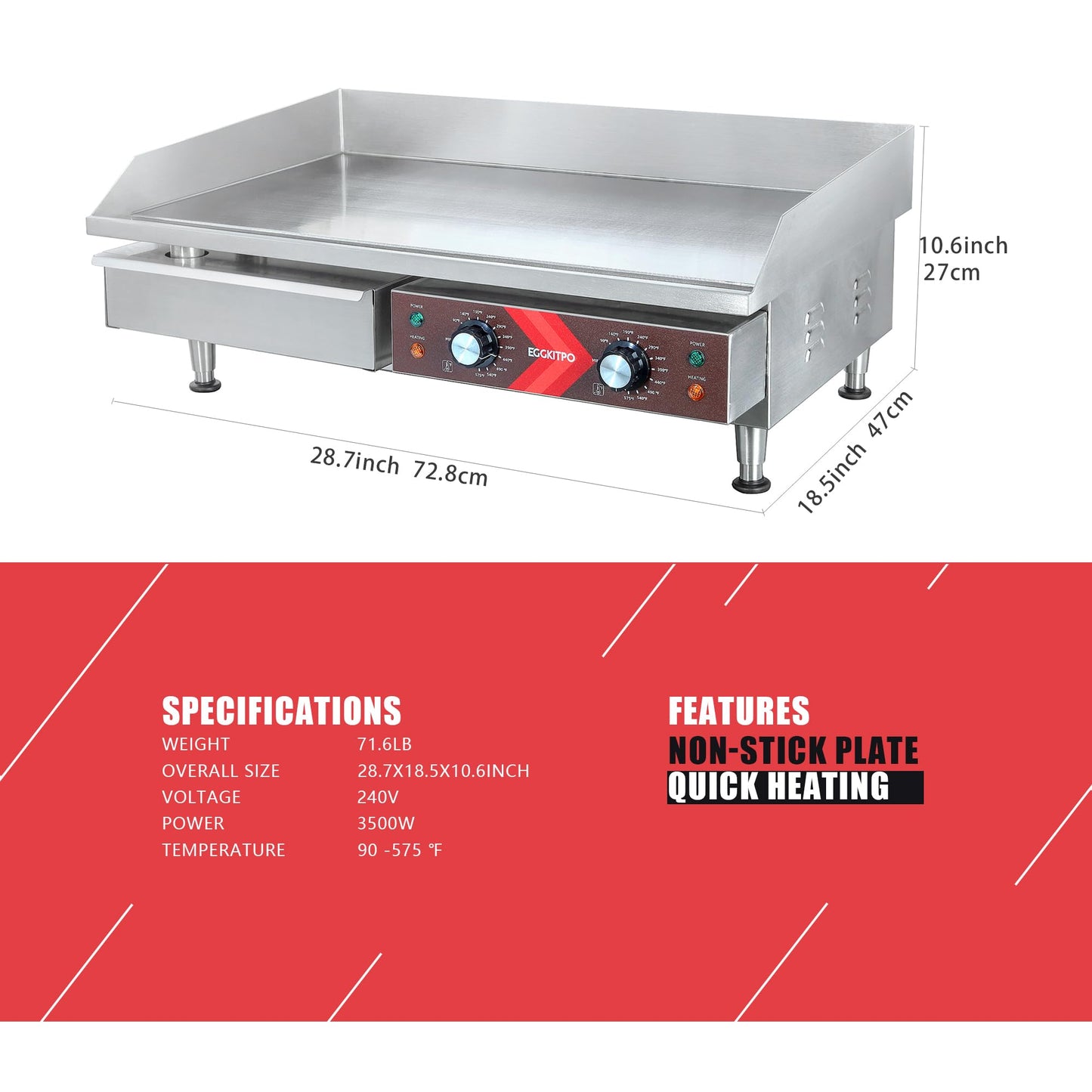 EGGKITPO ECF4-NG 50LB 120,000 BTU Natural Gas Fryer and 29 Inch Large Countertop Griddle Commercial Electric Griddle (120v 3500w)