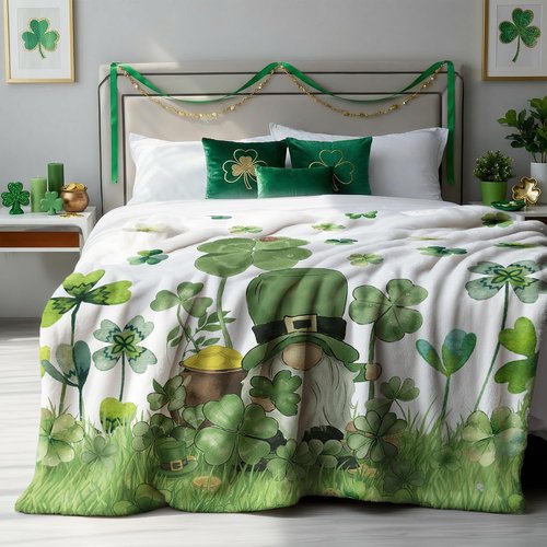 Horaldaily St. Patrick's Day Flannel Blanket Throw, Shamrock Gnome Lawn Watercolor Style Soft Fuzzy Plush Cozy Fleece Blankets for Couch Sofa Bed Lounging, Ideal Gifts for Kids Adults Self, 50x60