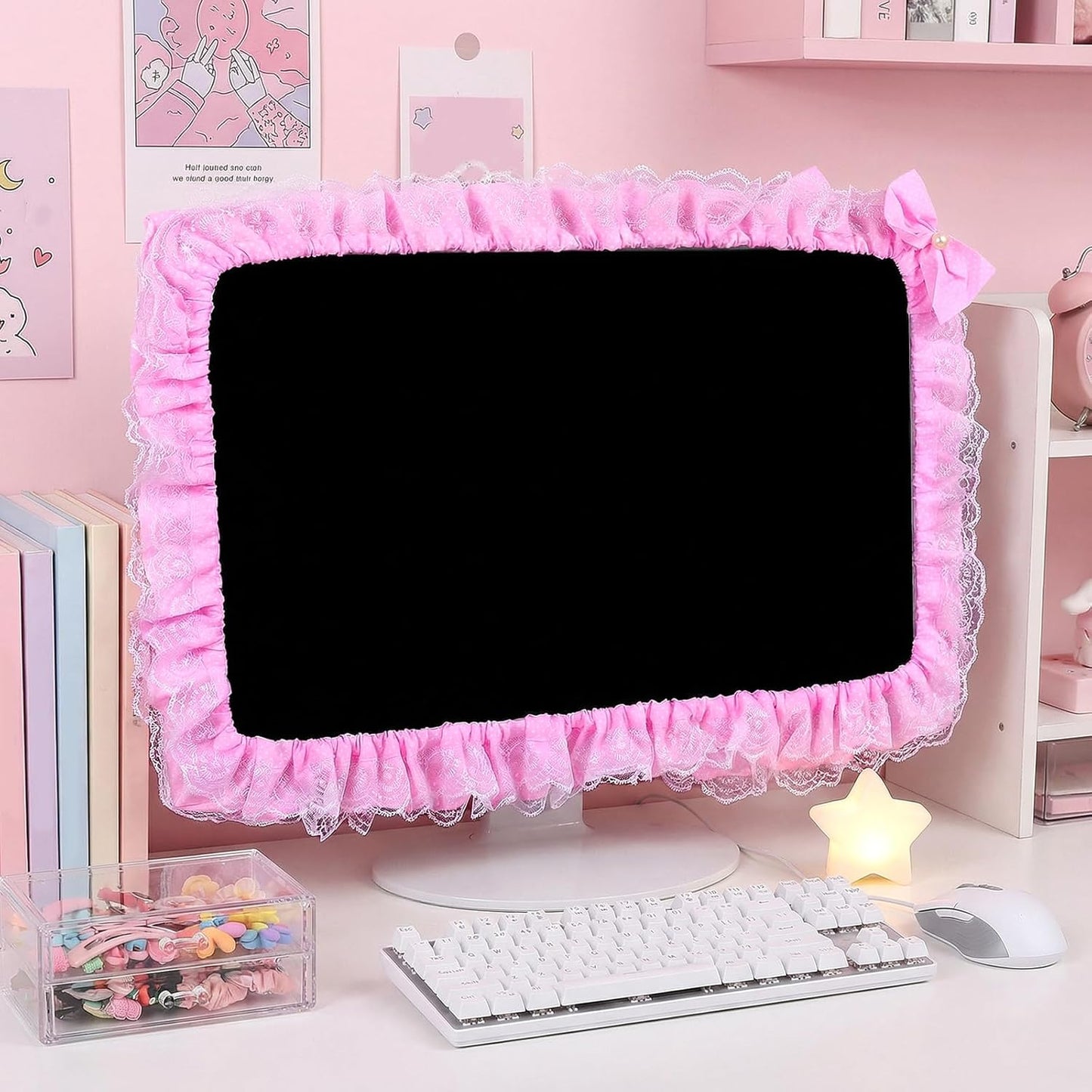 Macuezu 22"-28" Cute Monitor Cover, Lovely Computer Monitors Covers with Bow-Knot, Pink Computer Monitor Decor, Dust