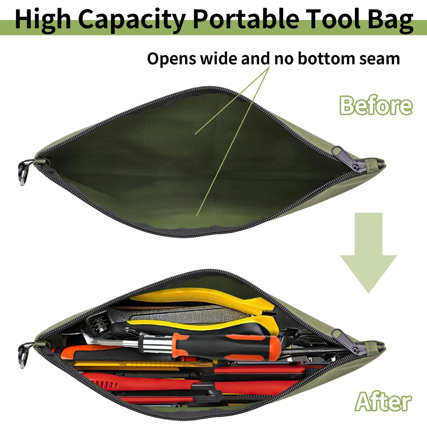COIDEA Tool Bag Zipper Pouch, Premium Tool Pouch, Utility Multipurpose Storage Organizer Tool Pouches with Carabiner Metal Zipper for Tools (6 Pack, Tan, Navy Green, Black, Light Brown, Grey, Mocha)