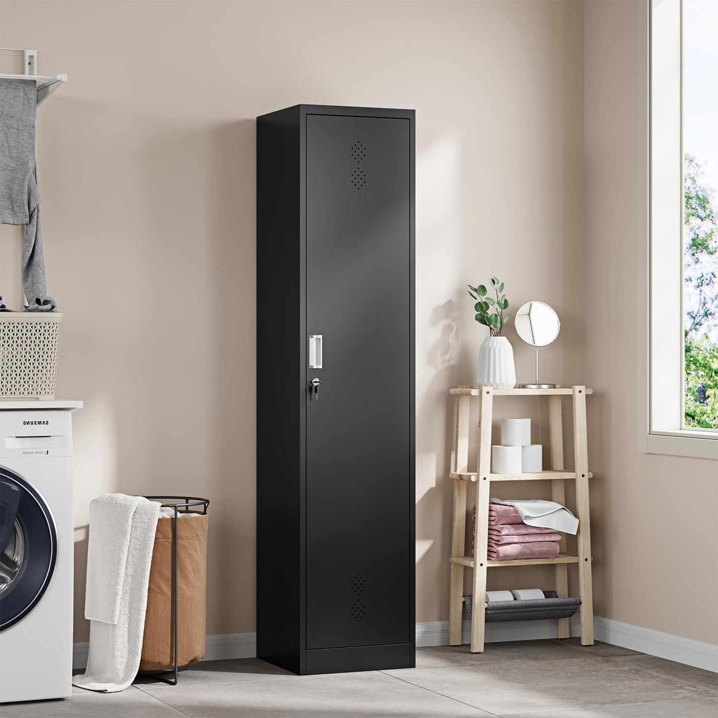 Letaya Broom Closet Storage Cabinet,Metal Cleaning Supply Tool Cabinet,Utility Cabinets for Brooms & Mops Black Garage Organization Cabinet for Laundry Room, Bathroom