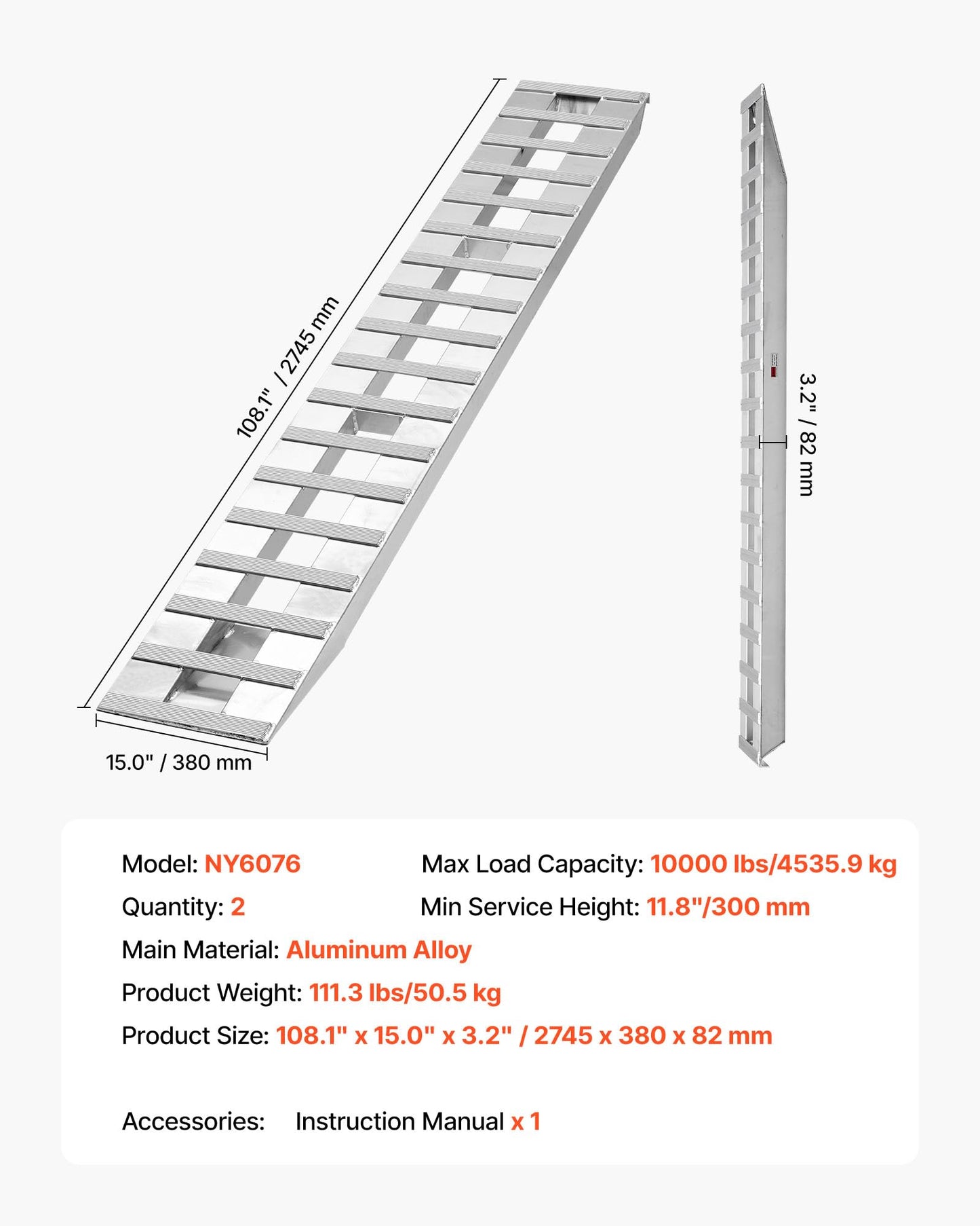 VEVOR Loading Ramps, 2 Pcs 108 x 15 in, Durable Aluminum and Heavy-Duty Trailer Ramp Set with Anti-Slip Plates, 10000 Lbs Combined Capacity, for Carts, Farm Tractors, ATVs, Lawn Mowers, Motorcycles