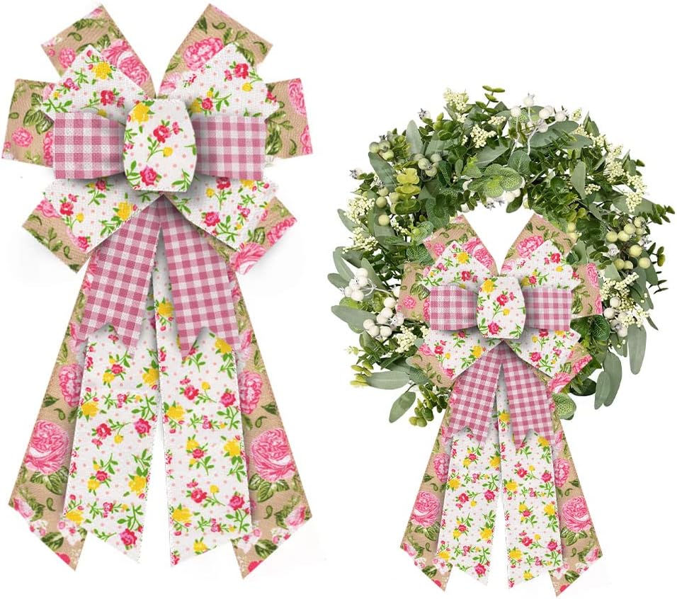 ALIBBON Large Spring Bows - Pink Buffalo Plaid Burlap Flower Bows for Wreaths & Crafts | Indoor/Outdoor Decor
