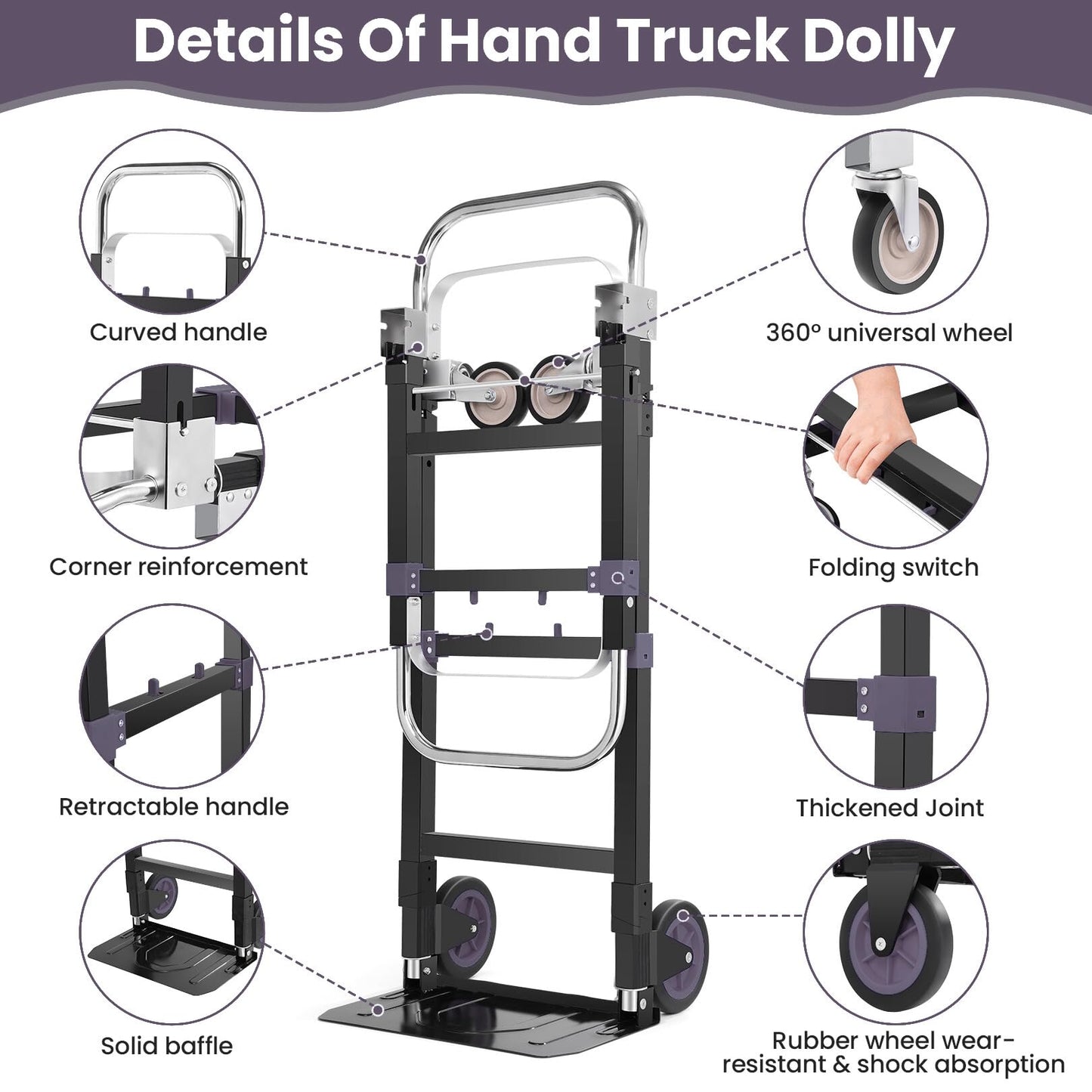 3-in-1 Convertible Heavy Duty Folding Hand Truck Dolly, 600LB Capacity with Rubber& Wheels Telescoping Handles, Portable Collapsible Cart for Warehouse, Supermarket, Office (Black)