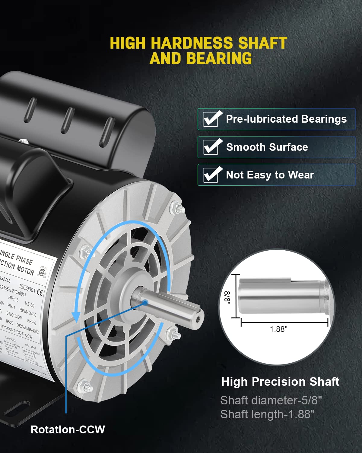 1.5 HP Air Compressor Motor, 3450 RPM Single Phase Motor, Electric Motor, 56 Frame 5/8" Keyed Shaft 115/230V, Duty-Continuous CCW Rotation, 1.88" Shaft Length for Air Compressors