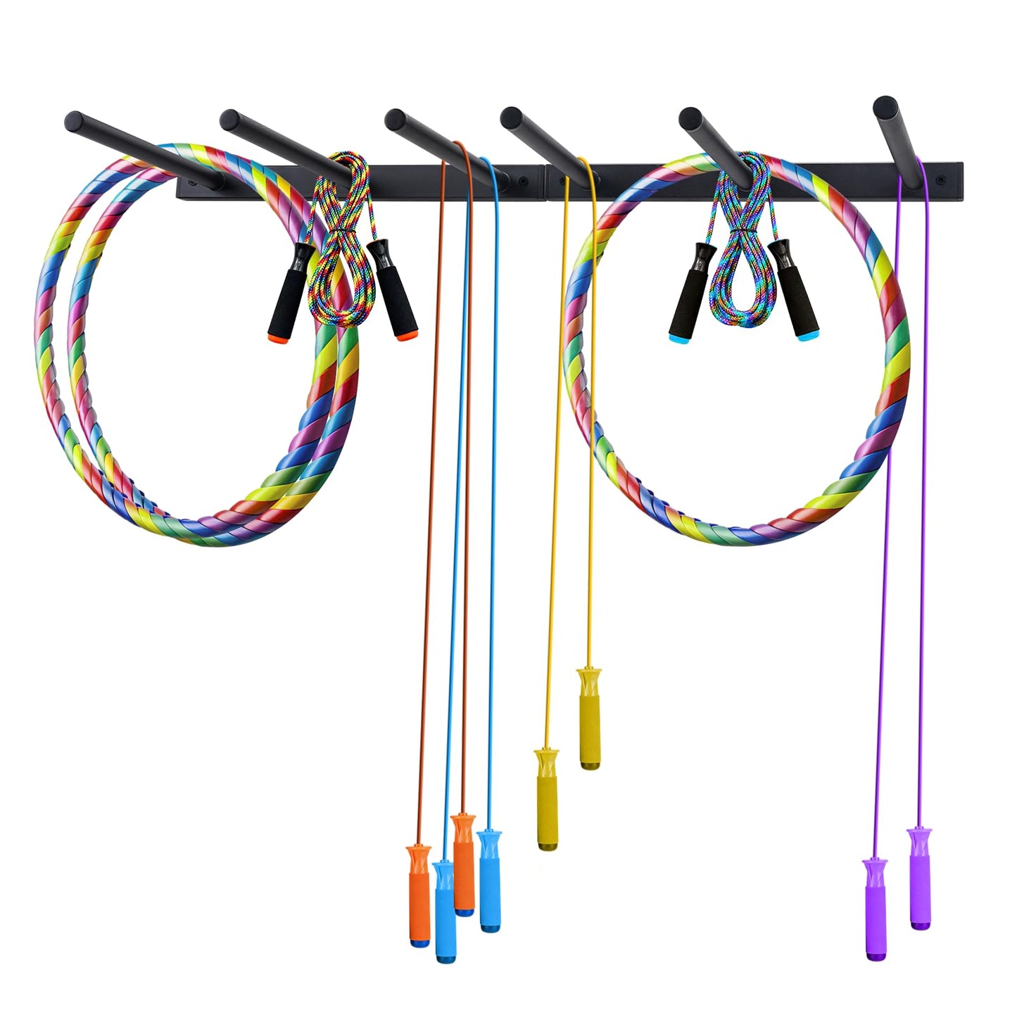 YOVXKAN Wall Mounted Jump Rope Rack - 6 Peg Heavy-Duty Metal Gym Organizer for Resistance Bands, Hoops, and Ropes - Black Finish - Home/Gym Storage
