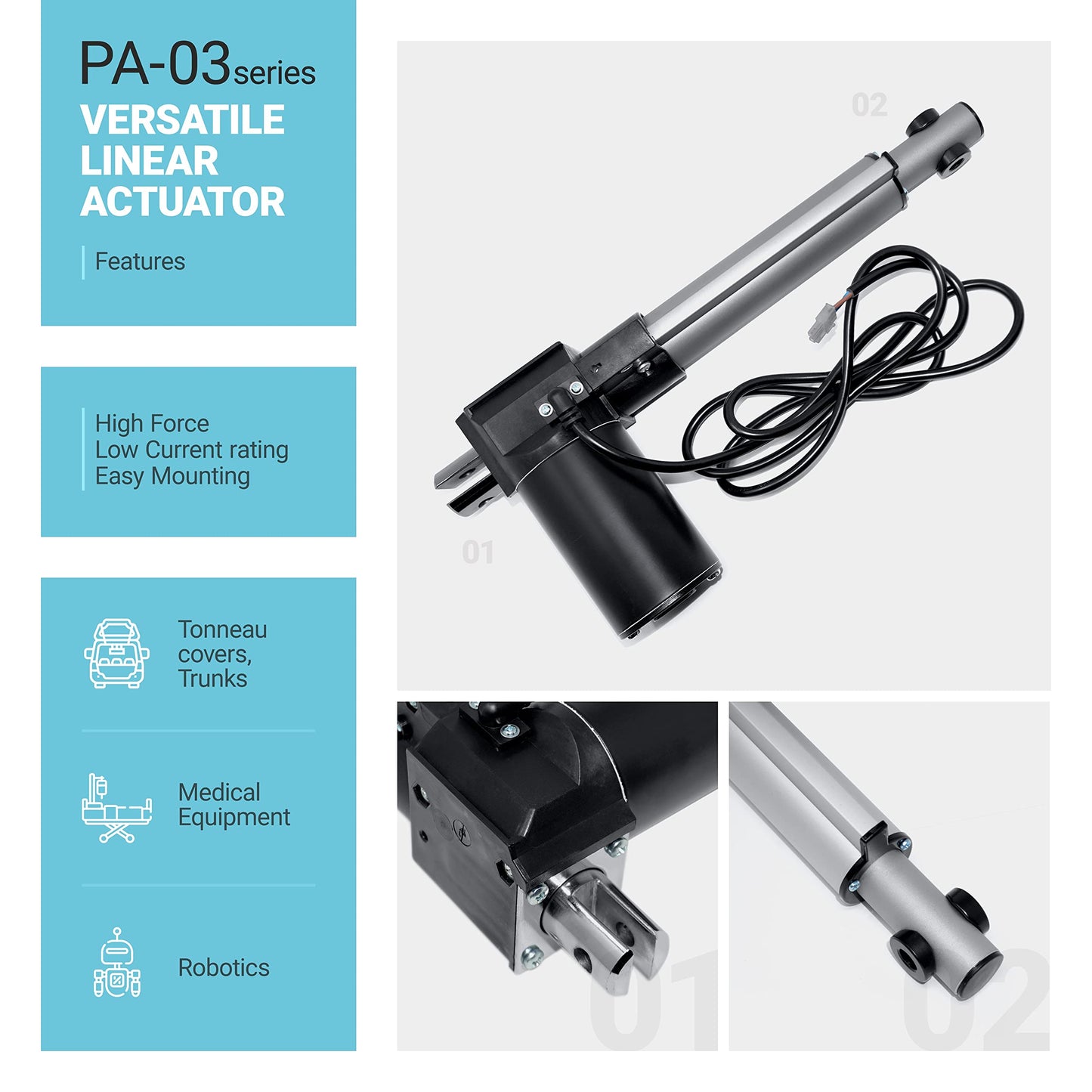 Progressive Automations 12V Linear Electric Actuator - 12 inches Stroke, 600 lbs Force with Low-Current Rating DC Motor and Durable Stroke for Automotive, Medical, Robotics Usage, PA-03-12-600