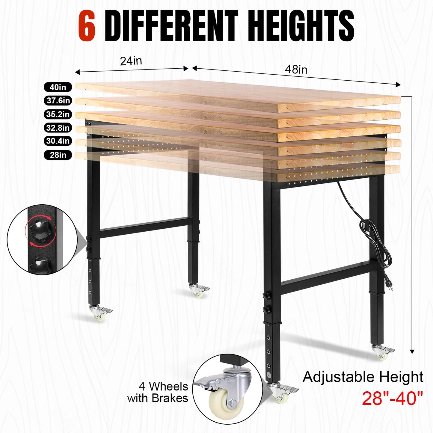 MUWOOD 48" L×24”W Adjustable Workbench with Wheels, 28”-40”Height Heavy Duty Table 2000 LBS Load Capacity, Work Bench with Power Outlet & Pegboard, Rubber Wood Work Table for Garage, Office, Workshop