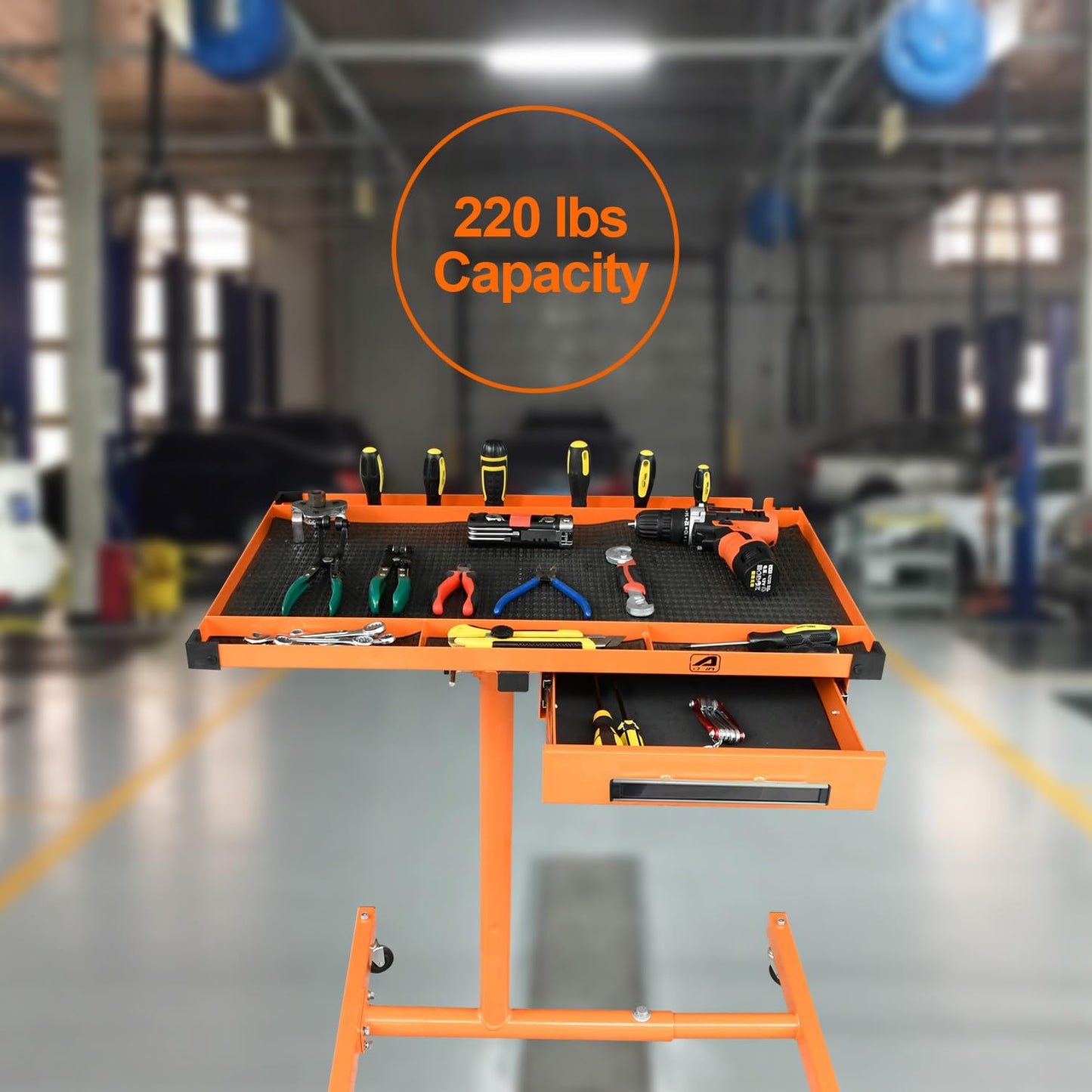 A A IN LT18 Heavy Duty Adjustable Work Table with Drawer for Mechanic,220lbs Capacity Rolling Tool Tray Table with Wheels Orange