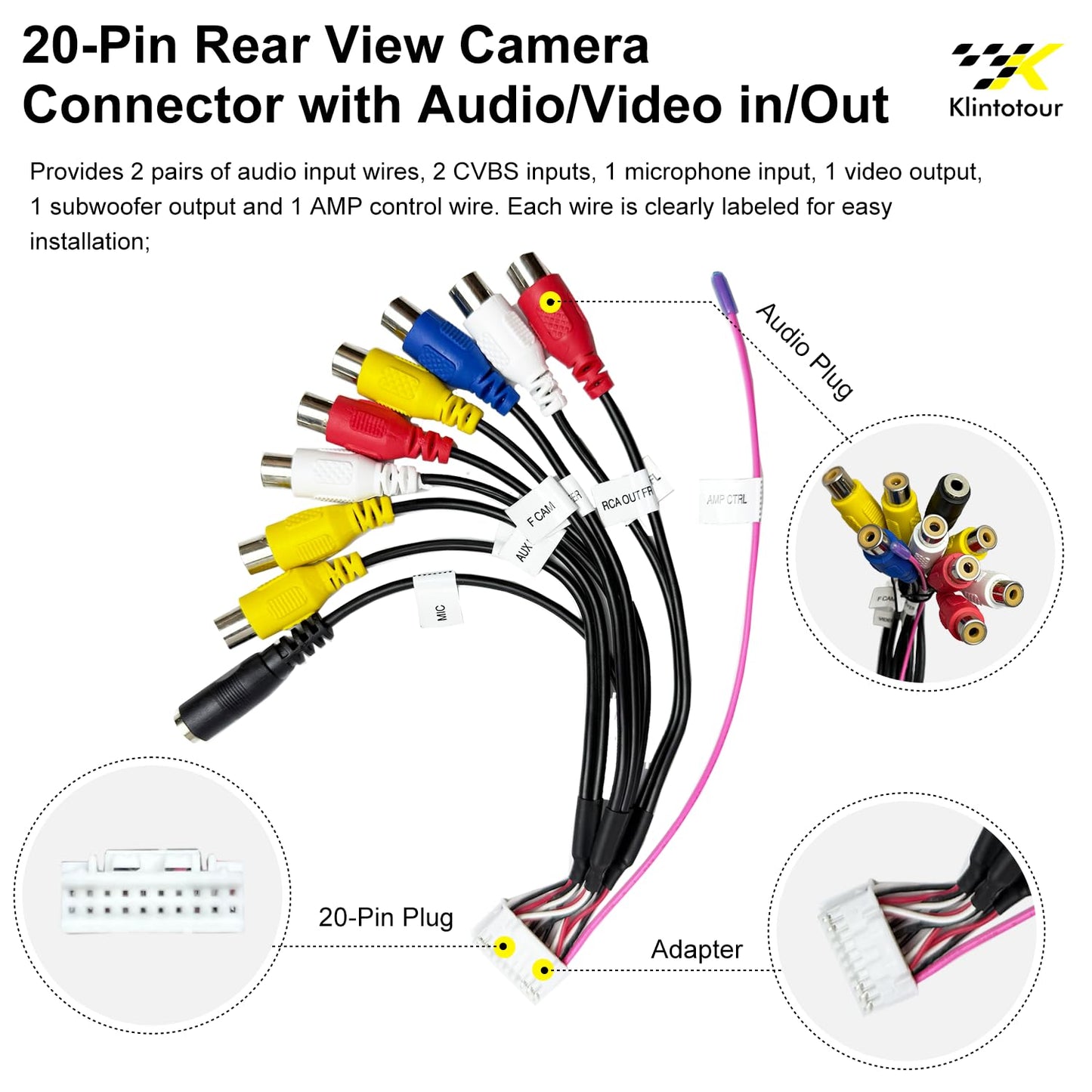 16-Pin Kit(6PCS) 10-Pin/20-Pin 4-Pin/6-Pin Aftermarket Radio Backup Camera RCA Harness Adapter, Car Stereo Wiring