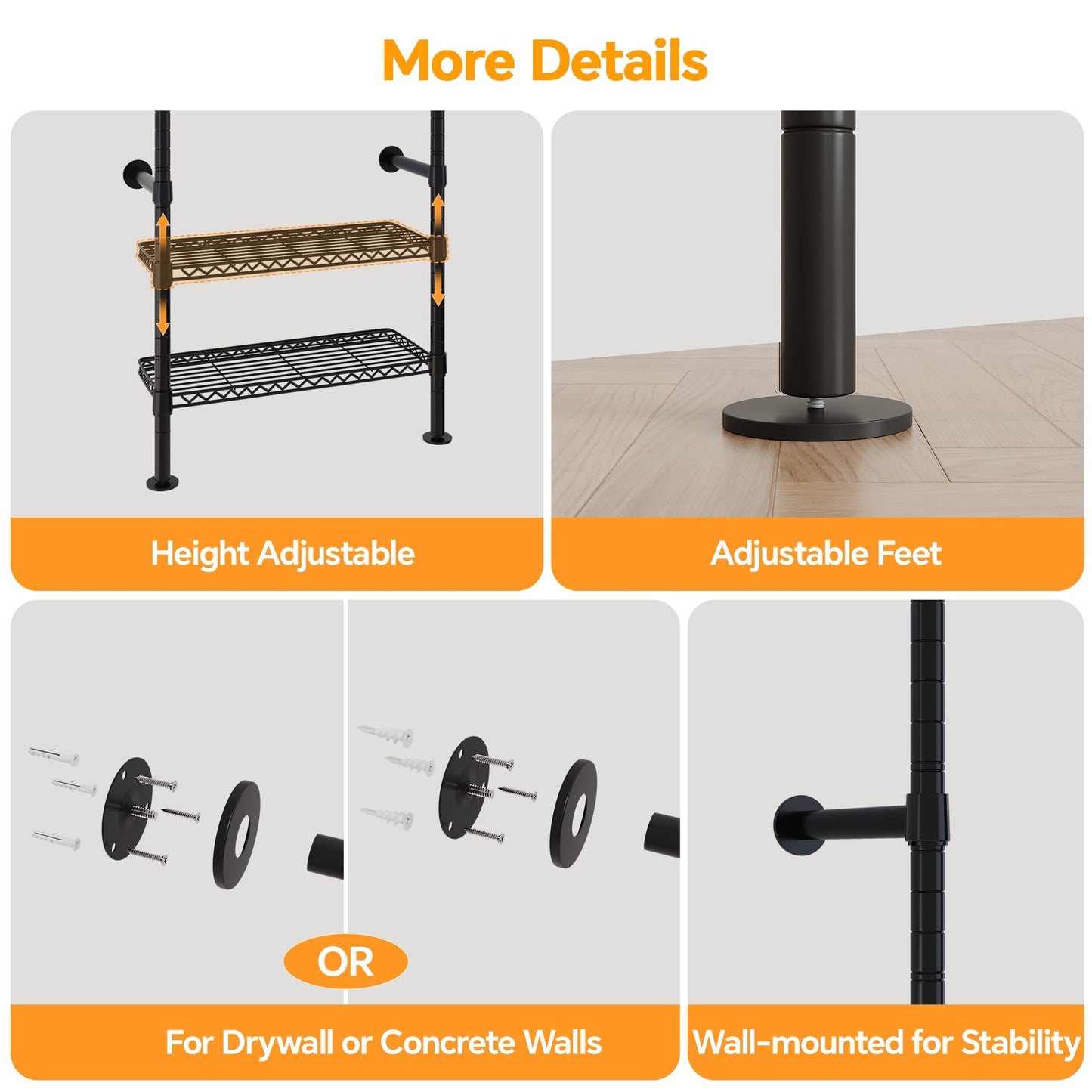 Higeego W3 Industrial Pipe Clothing Rack, Wall Mounted Clothes Rack Closet Wardrobe System with Expandable Hanger Rods Adjustable Storage Shelves, Heavy Duty Corner Walk-in Closet System, Black