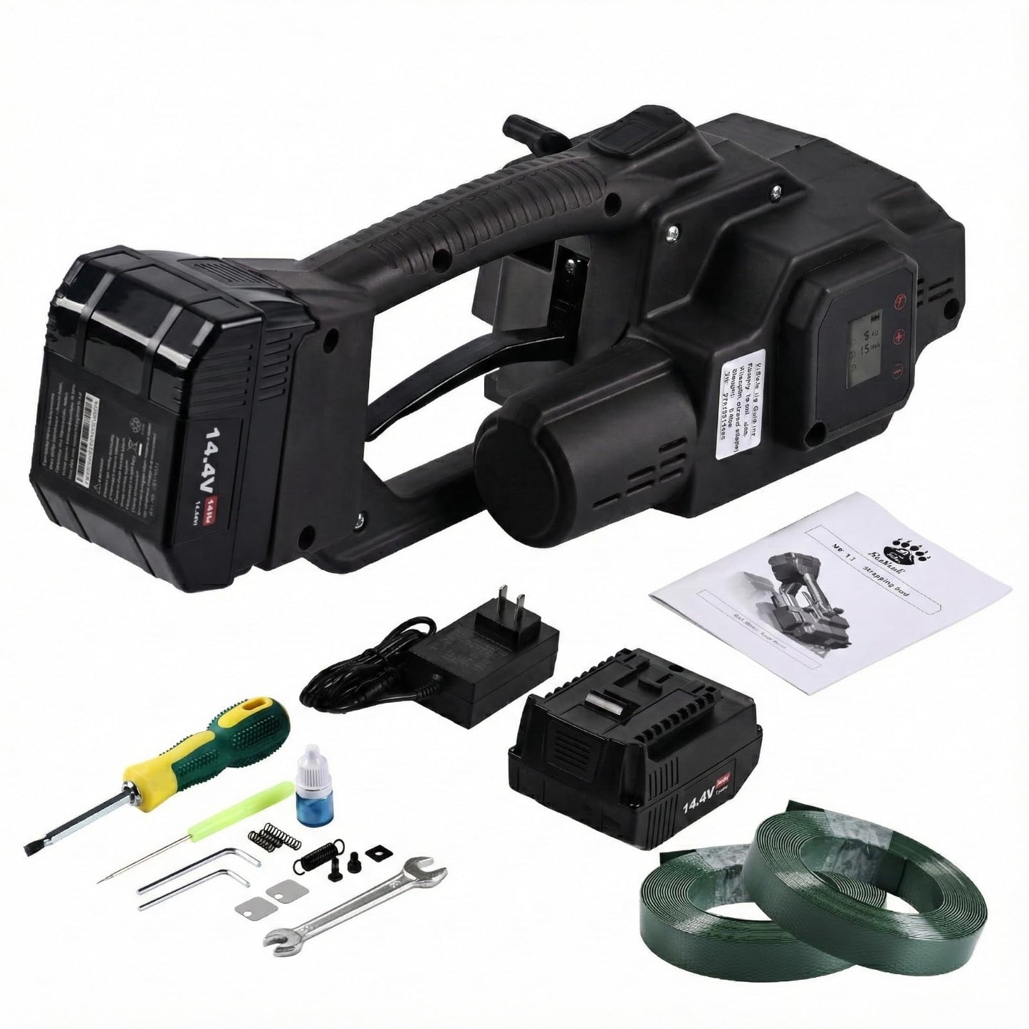 Electric Strapping Machine – 4,500N Tensioner, LCD Display, 4,000mAh Battery, Automatic Portable Banding Tool Kit for 1/2–5/8" PET/PP Straps, Pallet & Box Packaging (Black, 2 x 4,000 mAh Battery)
