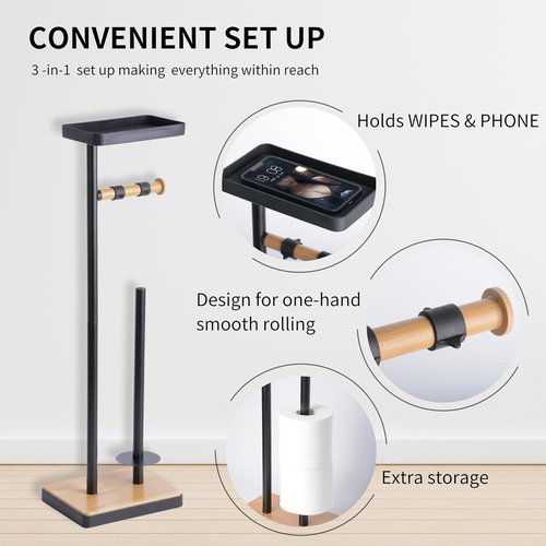 Clasin Home Toilet Paper Holder - Free Standing Design with Storage & Top Shelf | Black Bamboo Style