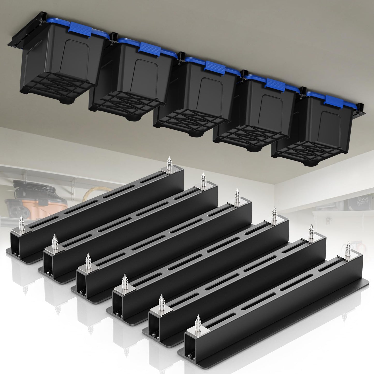 WooFog Overhead Garage Storage Rack, Garage Ceiling Storage Racks, Heavy Duty Storage Bin Ceiling Rails for 27 Gallon Totes，Tote Storage Rack System -Black (6 Sets for 5 Bins)