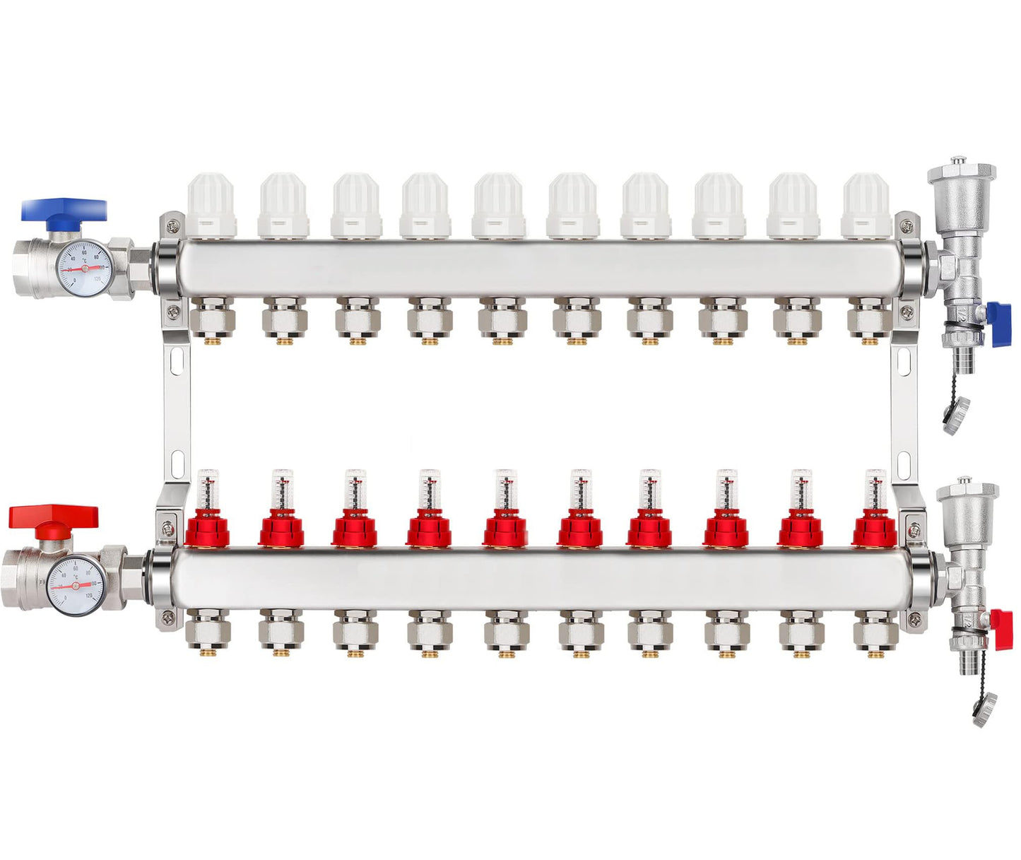 YUFUYEK 10-Loop Stainless Steel Radiant Heat Manifold, 1/2" PEX Tubing Manifold with 1/2" Adapters, 1" NPT Main Valves, Up to 1.4 GPM Flow Meter for Radiant Floor Heating