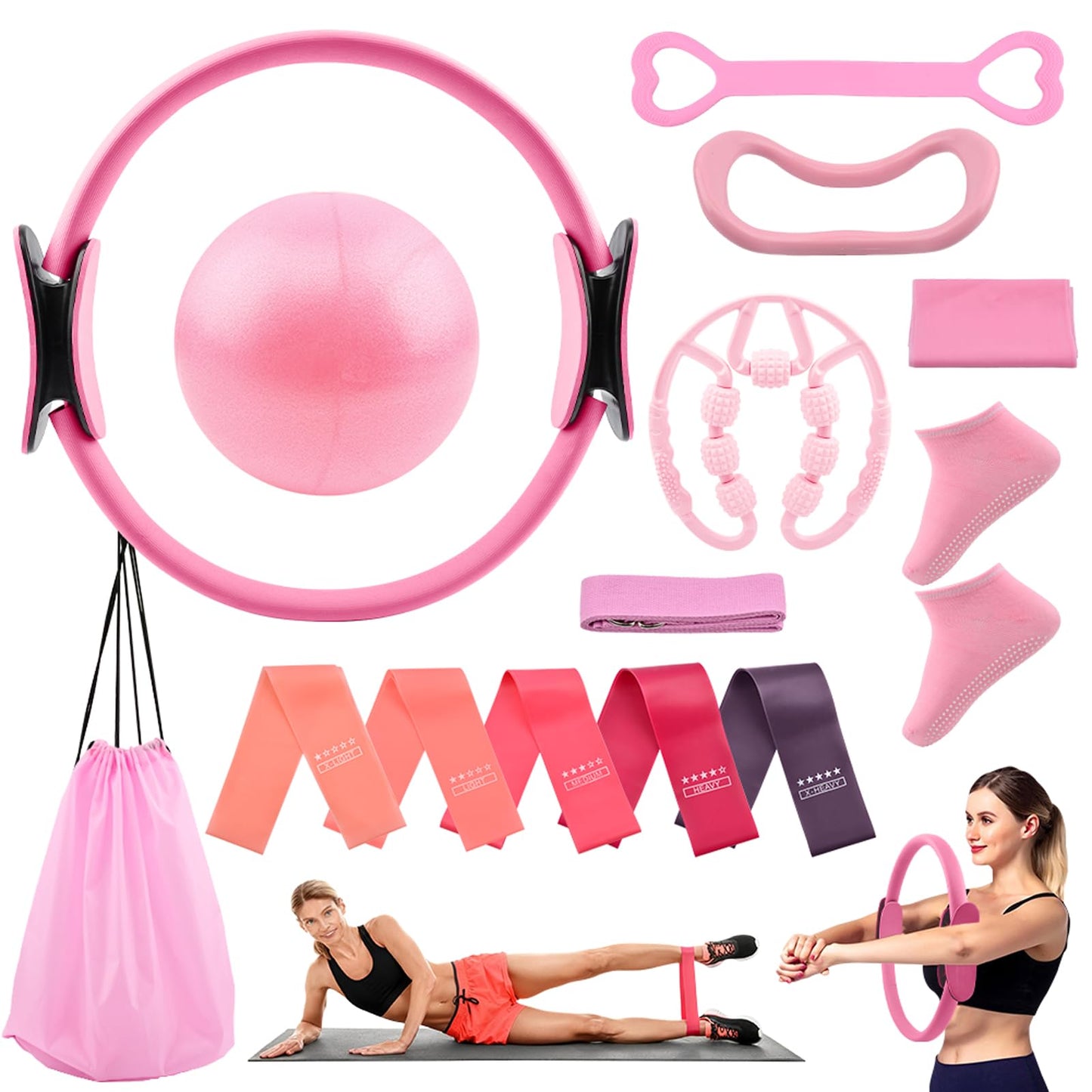 Yonderfume Pilates Essentials Kit for Women, 14 Pcs Home Workout Equipment with Pilates Circle Ball Ring Set Resistance Bands and Anti Slip Sock, Yoga Pilate Essentials Accessories(Color:Pink)
