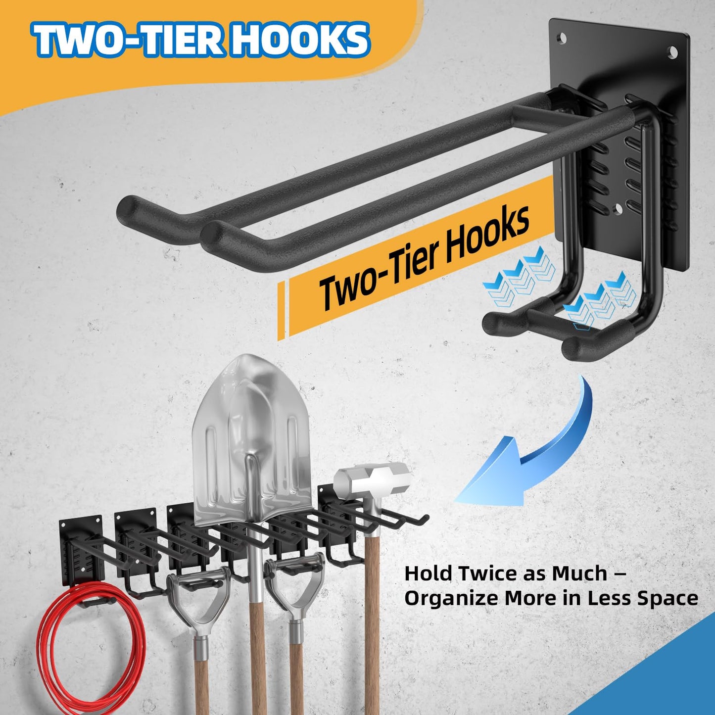 6 Pack Garage Hooks 10 INCH Heavy Duty Two-Tier Steel Shed Wall Mount Workshop Garage Storage Tool Organizer Hooks for Hanging Garden Tool, Hose, Ladder, Chairs, Bikes with Anti-Slip Coating