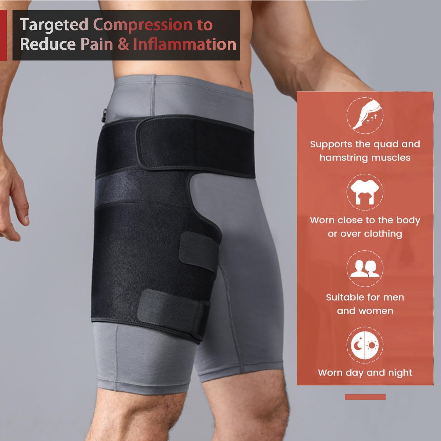 BingboPro Hip Brace for Sciatica Pain Relief, Adjustable Thigh Compression Sleeve for Women Men, Groin Brace Wrap, Hamstring Compression Hip Support For Thigh Injury, Pulled Groin Muscles,Pain Relief