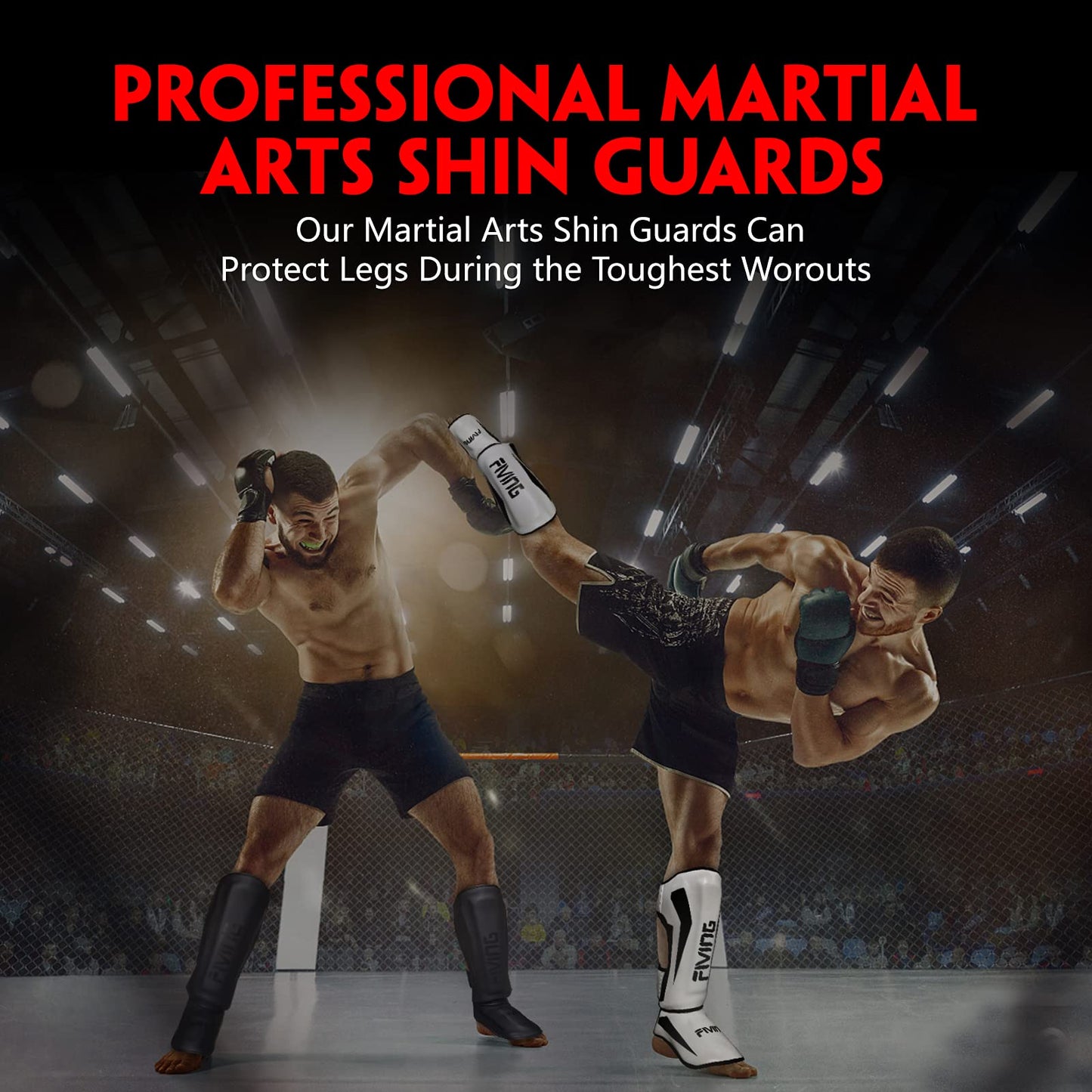 FIVING MMA Martial Arts Shin Guards – Padded, Adjustable Muay Thai Leg Guards with Instep Protection for Kickboxing/MMA Training and Sparring – Durable, Professional MMA Equipment (Black, Medium)