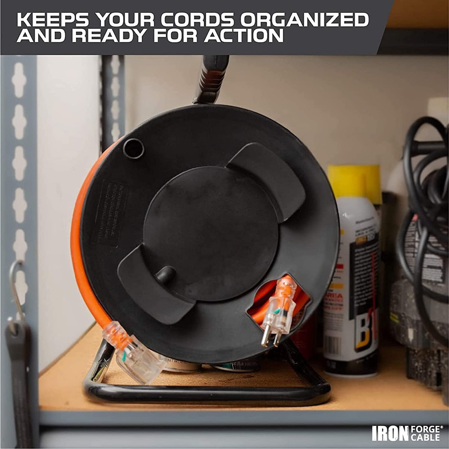 IRON FORGE CABLE Extension Cord Storage Reel with Metal Stand, Black - Portable Cable Reel That Holds Up to 100 Ft of Extension Cords, Hose, or Rope