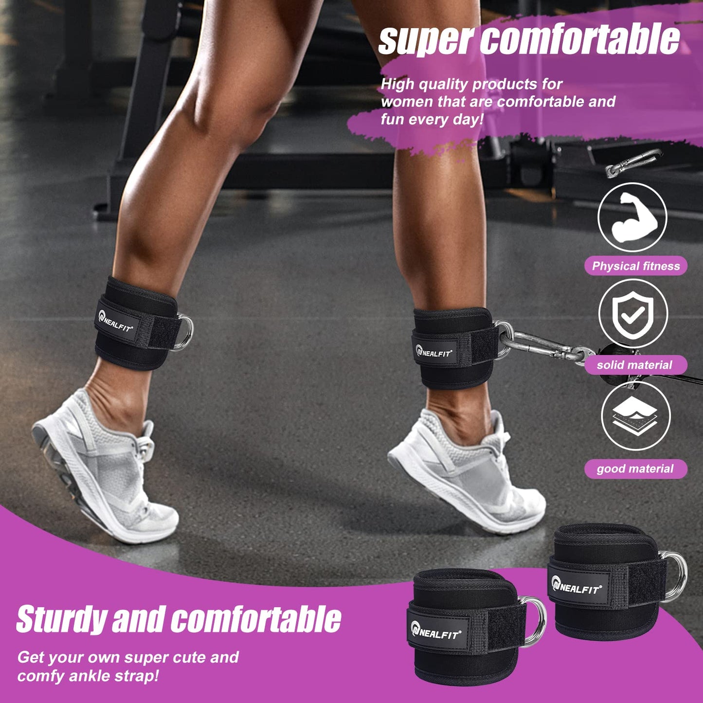 NEALFIT Ankle Strap for Cable Machine, Gym Ankle Cuff for Kickbacks, Leg Extensions, Glute Workouts, Booty Hip Abductors Exercise for Women and Men (Black, Single)